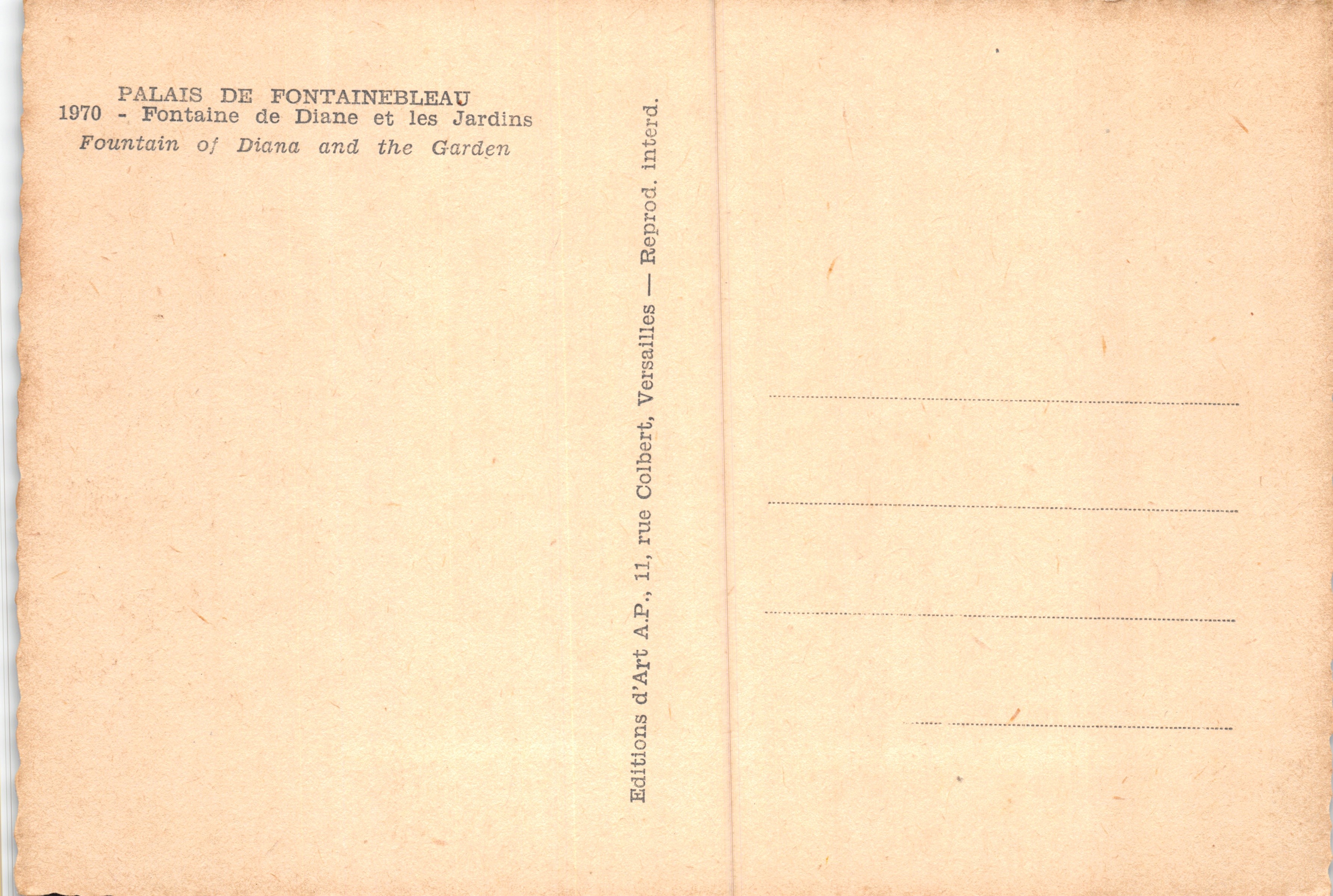 Palais de Fontainebleau — vista del palacio y del jardín — editor A.P. n.º 11 — Reverso