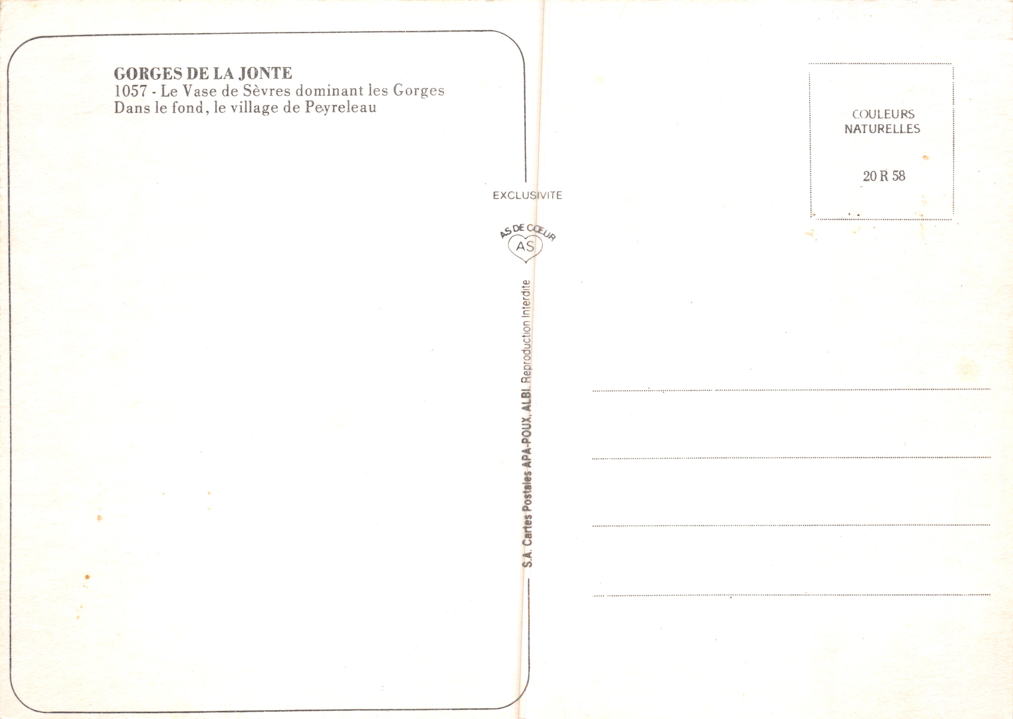 Gorges de la Jonte — El Vase de Sèvres dominando las Gorges, con el pueblo de Peyreleau en primer plano — editor S.A. Cartes Postales APA-POUX, ALBI — Reverso
