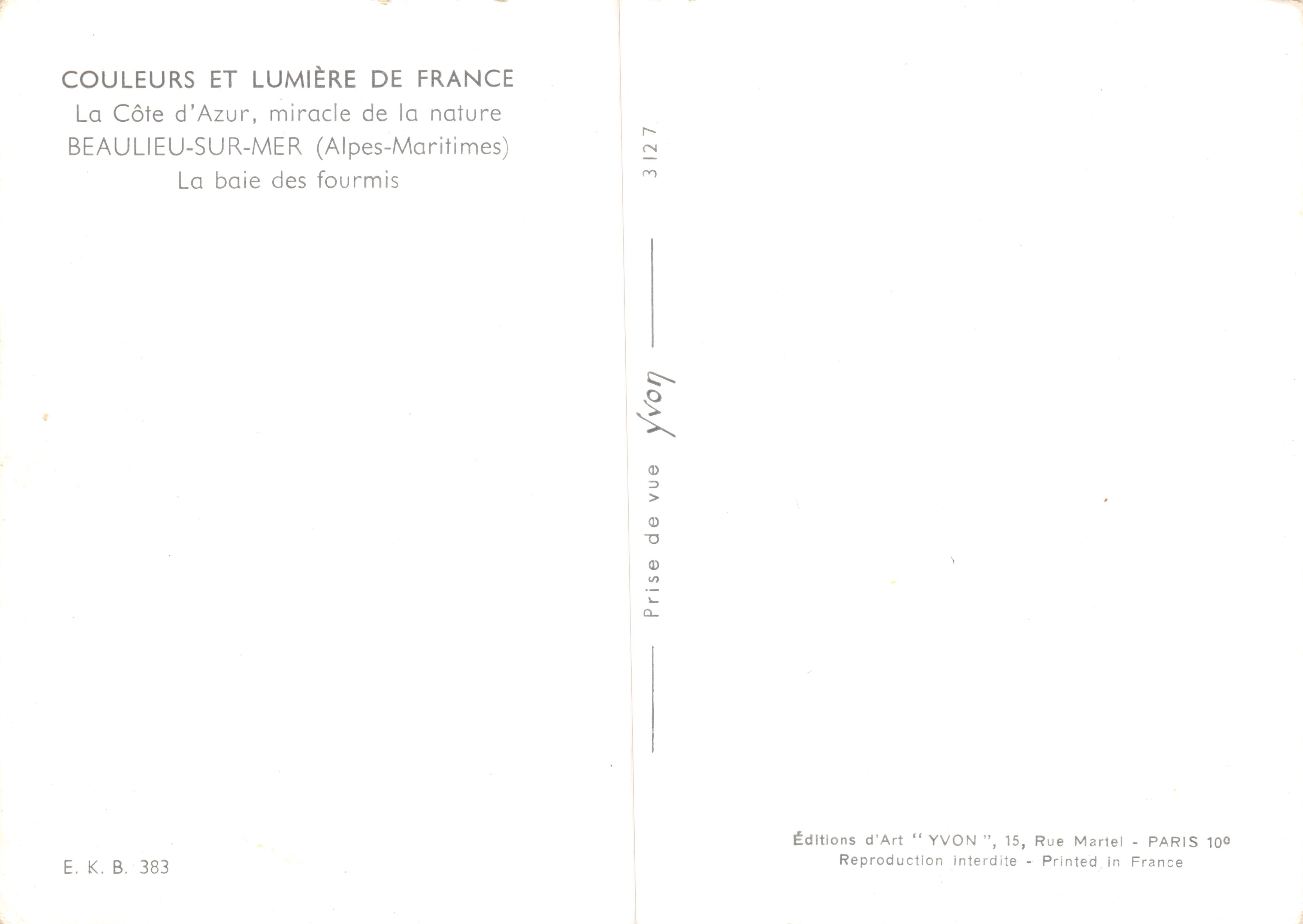 Beaulieu-sur-Mer — baie des Fourmis — Éditions d'Art 'YVON' — Verso