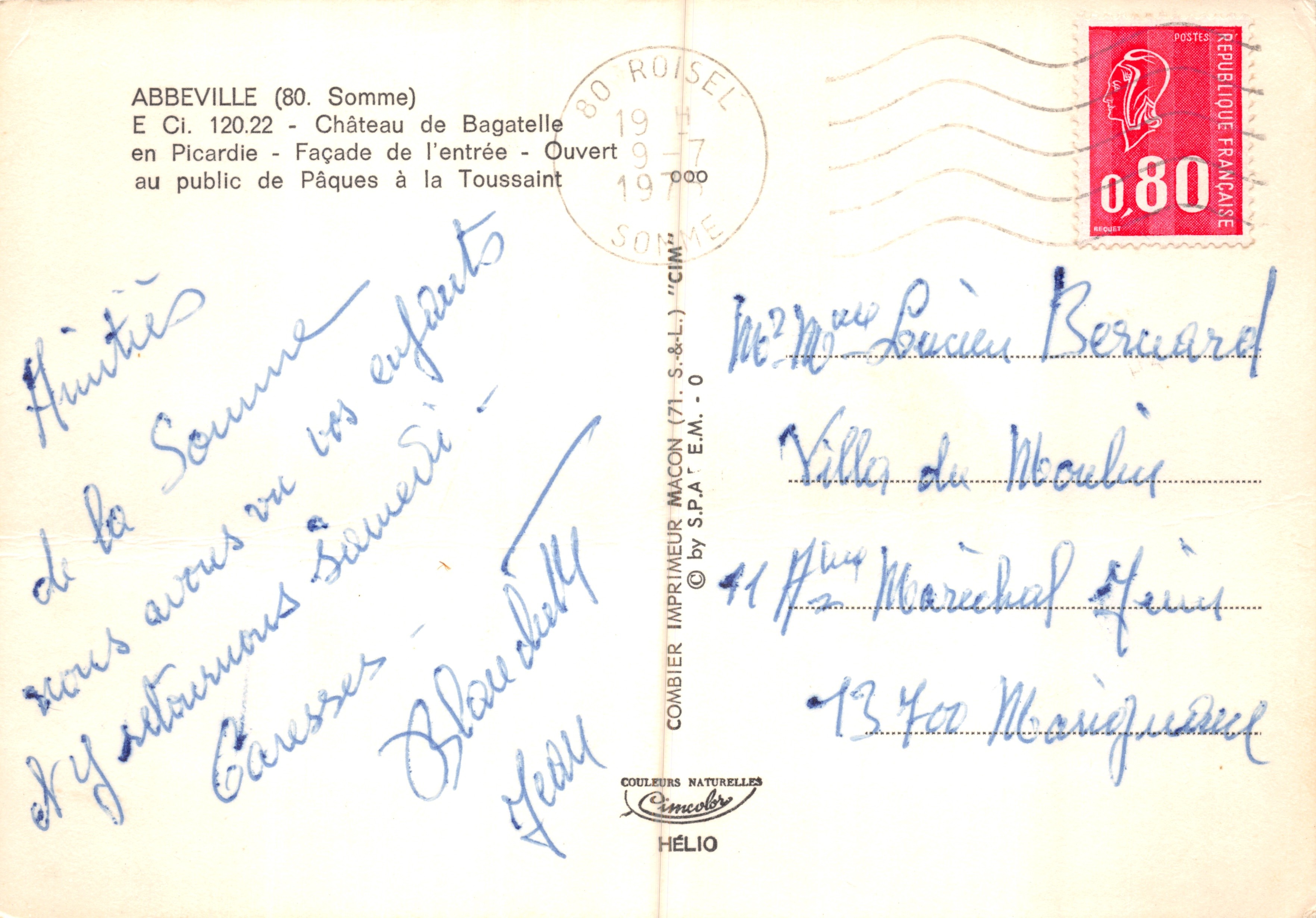 Abbeville (80. Somme) — Castillo de Bagatelle — fachada de entrada, editor COMBIER IMPRIMEUR MACON (71. S.&L.) "CIM" — Reverso
