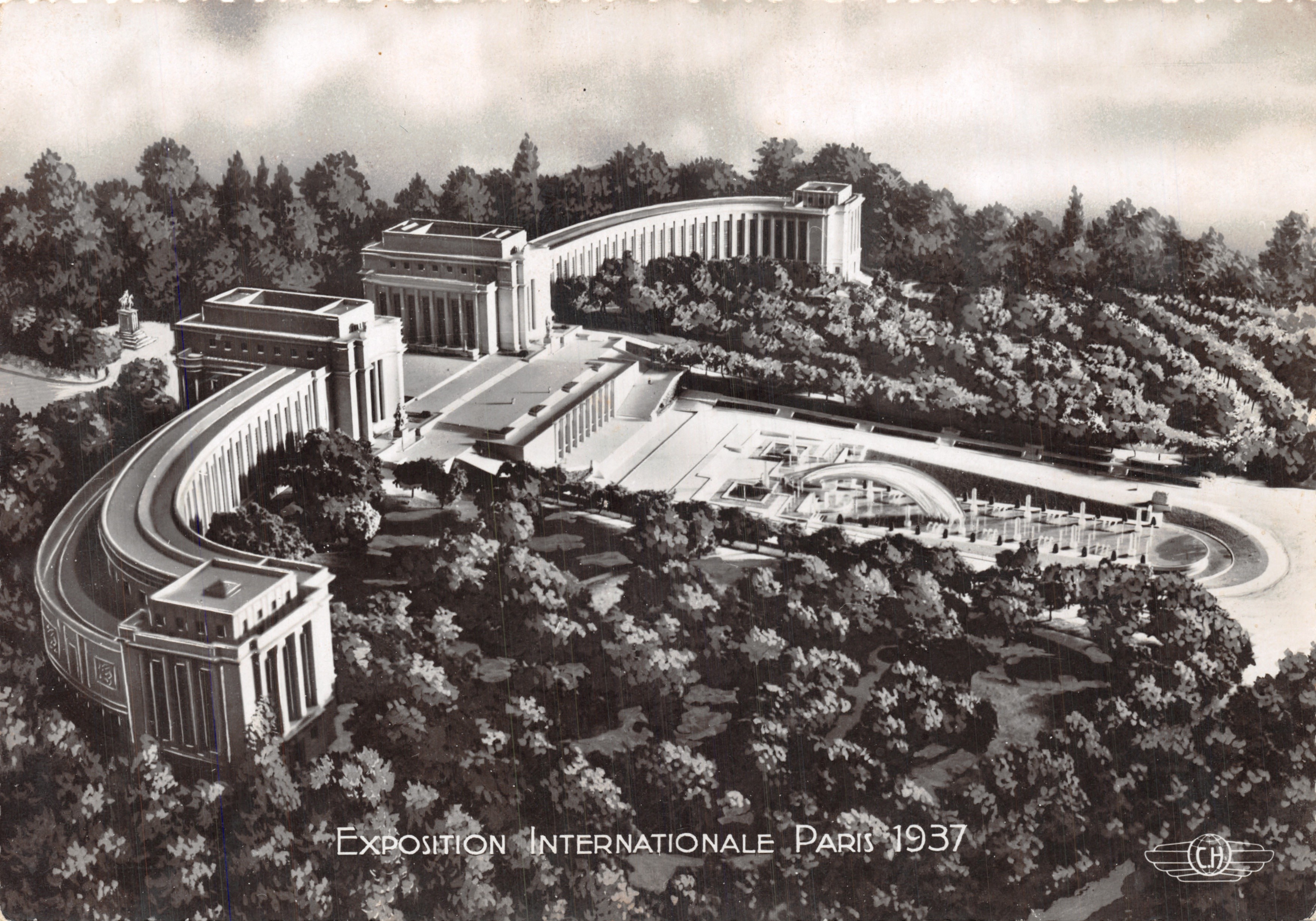 Palacio del Trocadéro y los Bassins — Exposición Internacional de París 1937 — editor H. Chipault, Boulogne-sur-Seine