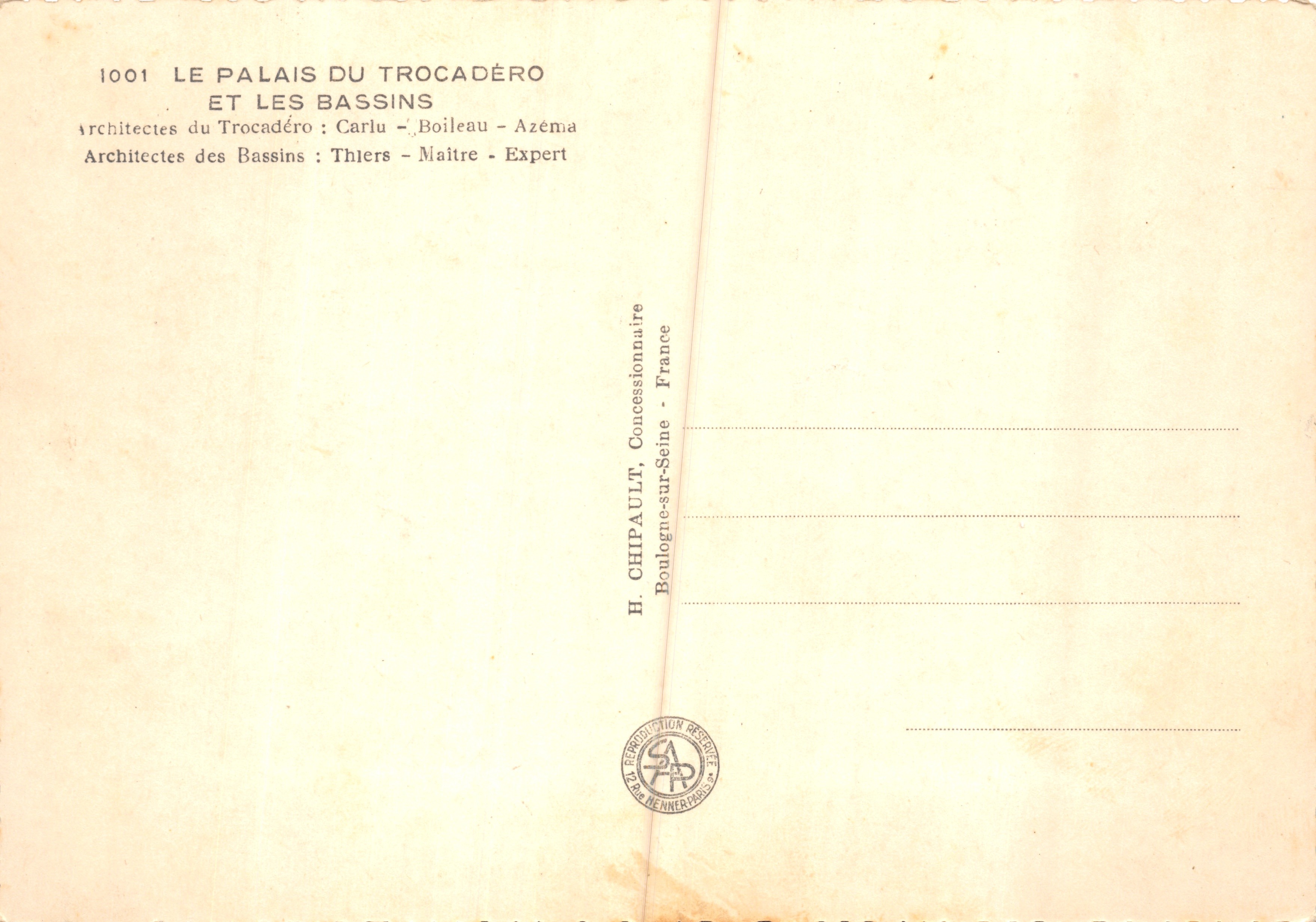 Palacio del Trocadéro y los Bassins — Exposición Internacional de París 1937 — editor H. Chipault, Boulogne-sur-Seine — Reverso
