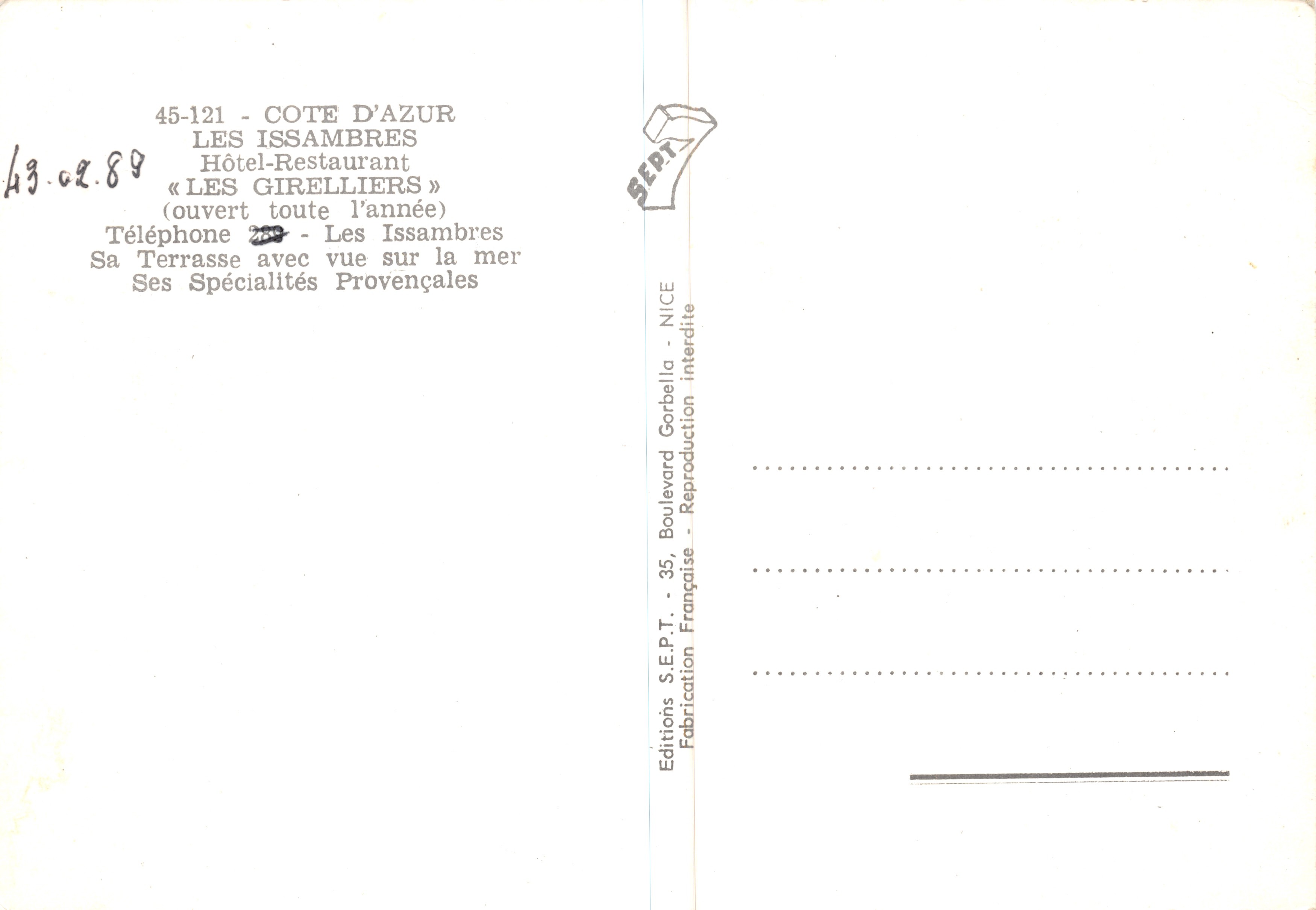 Los Girelliers — Hotel-Restaurante con terraza en el bosque — Editions S.E.P.T — Reverso