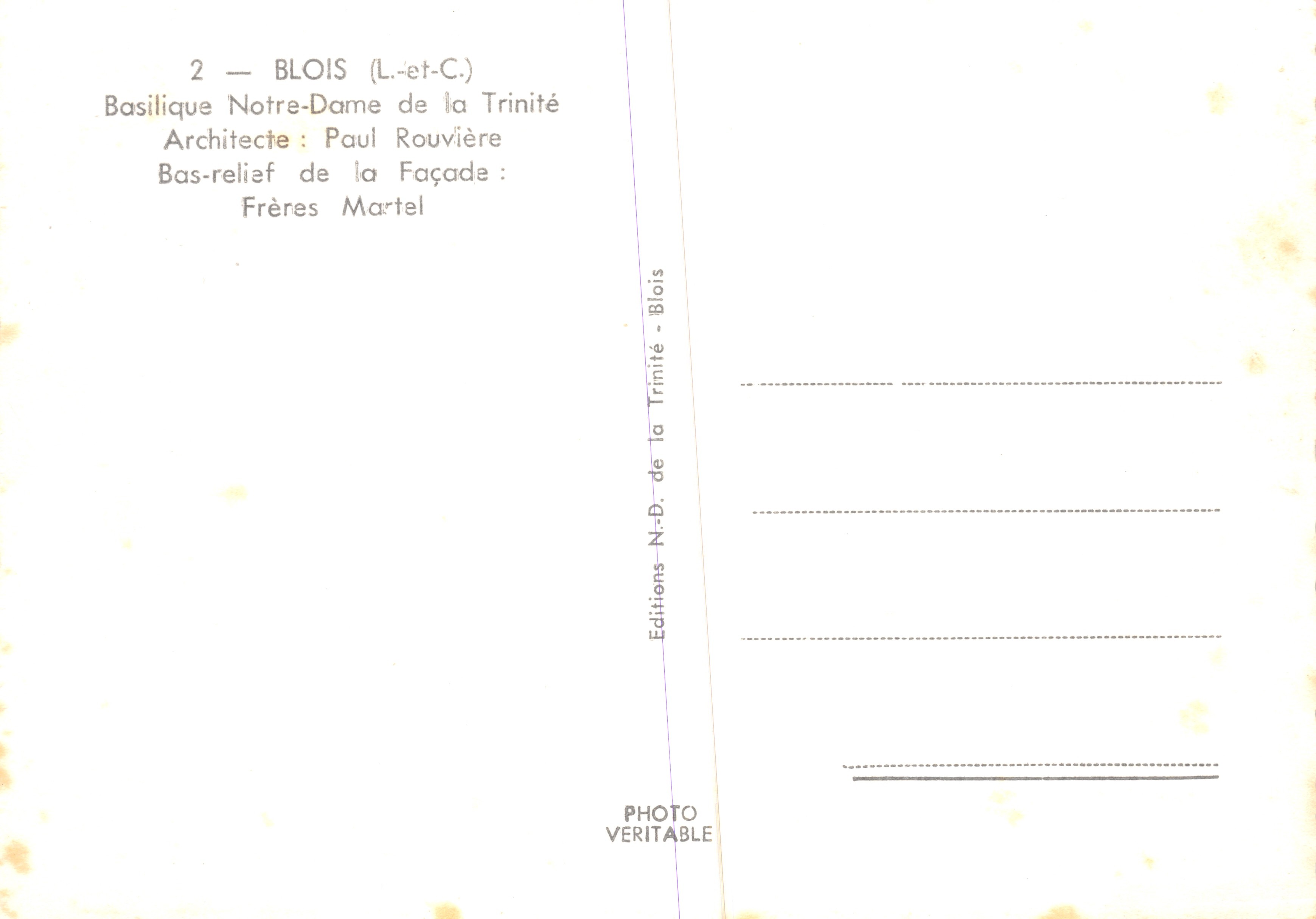Basílica de Notre-Dame de la Trinité — fachada adornada con un relieve — Éditions N.-D. de la Trinité - Blois — Reverso