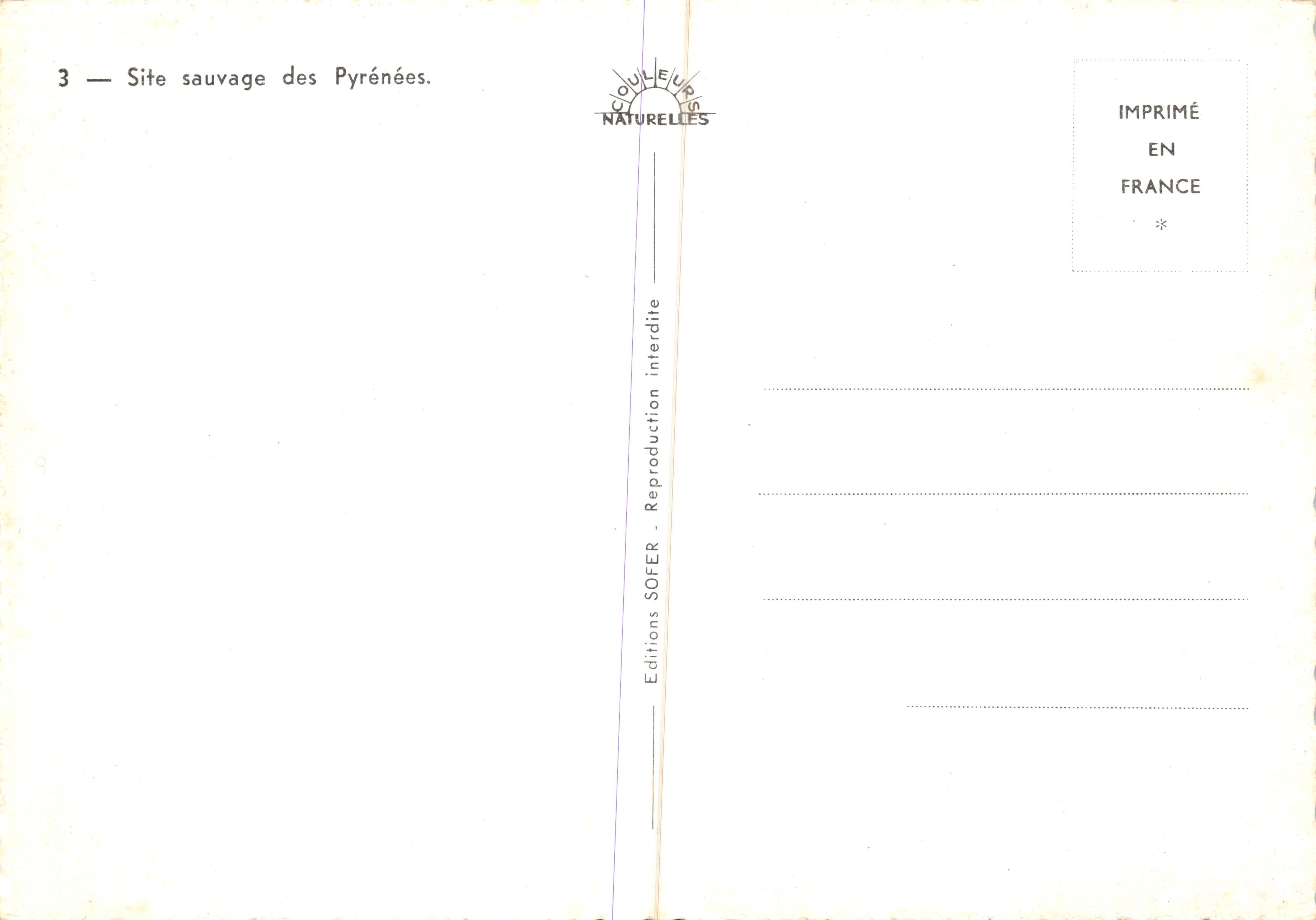 Lugar salvaje de las Pirineos — paisaje con acantilados rocosos — Éditions SOFER — Reverso