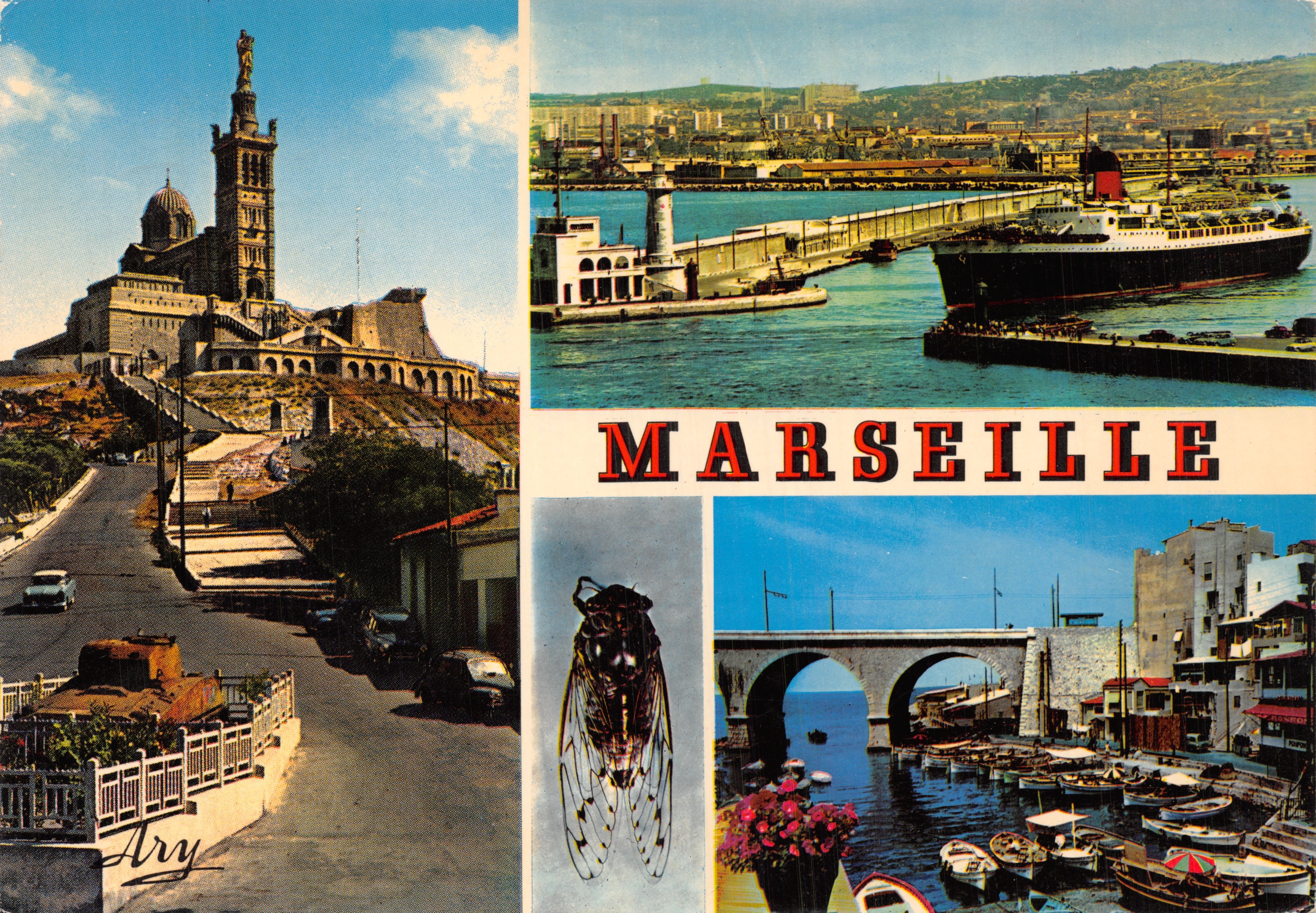 Marseille — vista panorámica con Notre-Dame de la Garde, puerto y muelle — editor ARYchrome