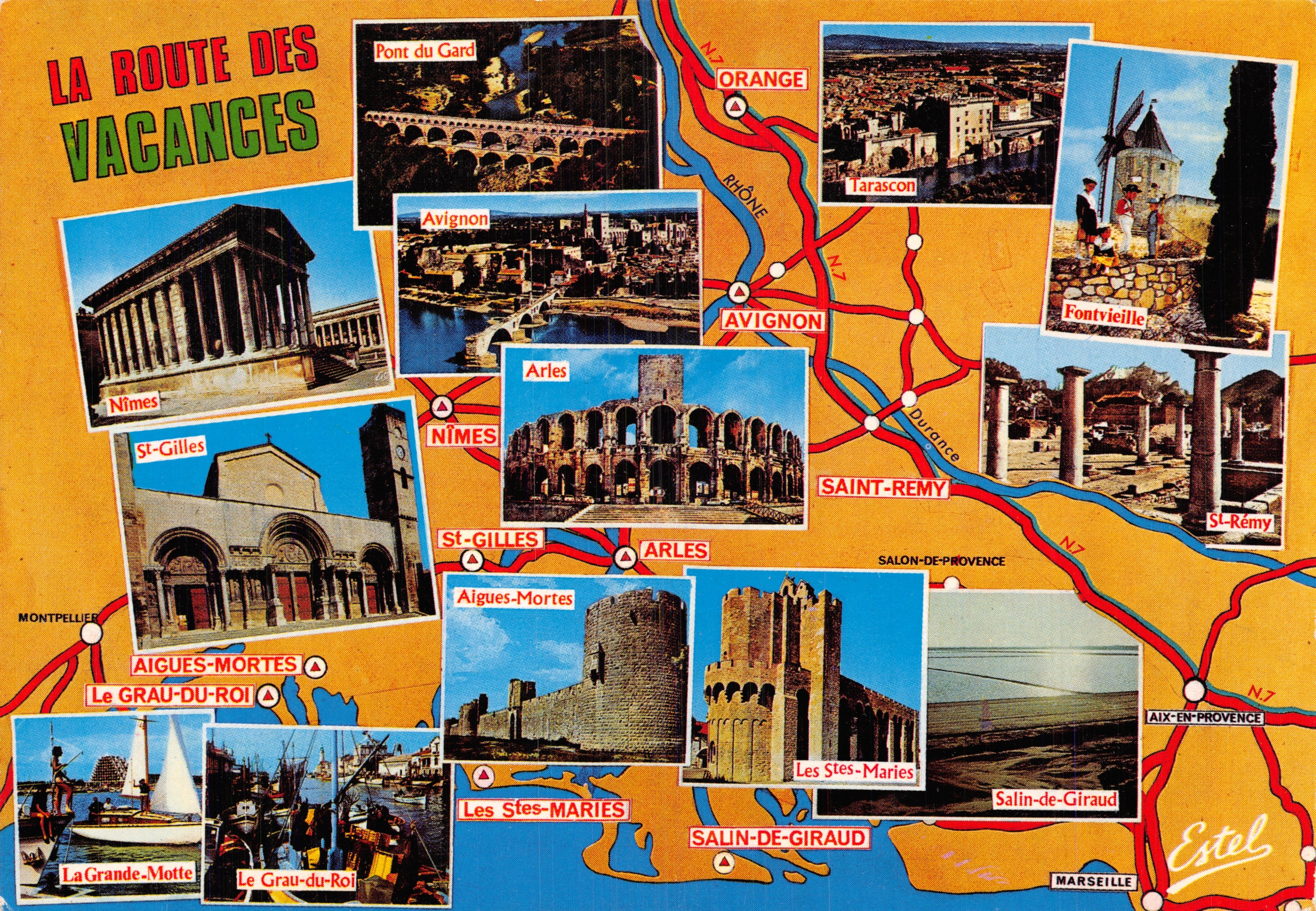 The Vacation Route — Tourist postcard of Provence with view of Pont du Gard, Avignon, Arles and Nîmes — Éditions Estel