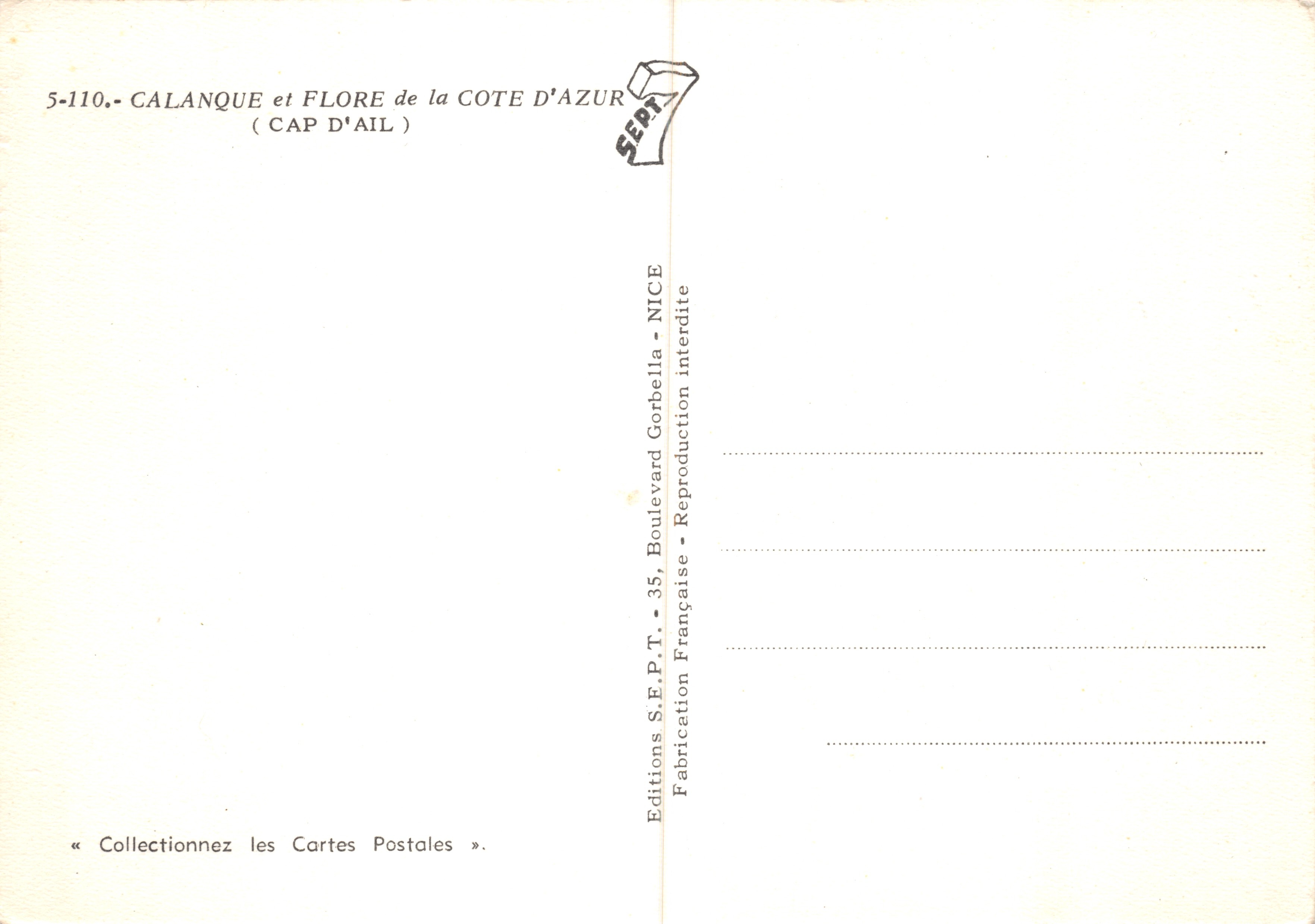 Calanque et fleurs de la Côte d'Azur — Cap d'Ail — Éditions S.E.P.T. - 35, Boulevard Gorbella - Nice — Achterkant
