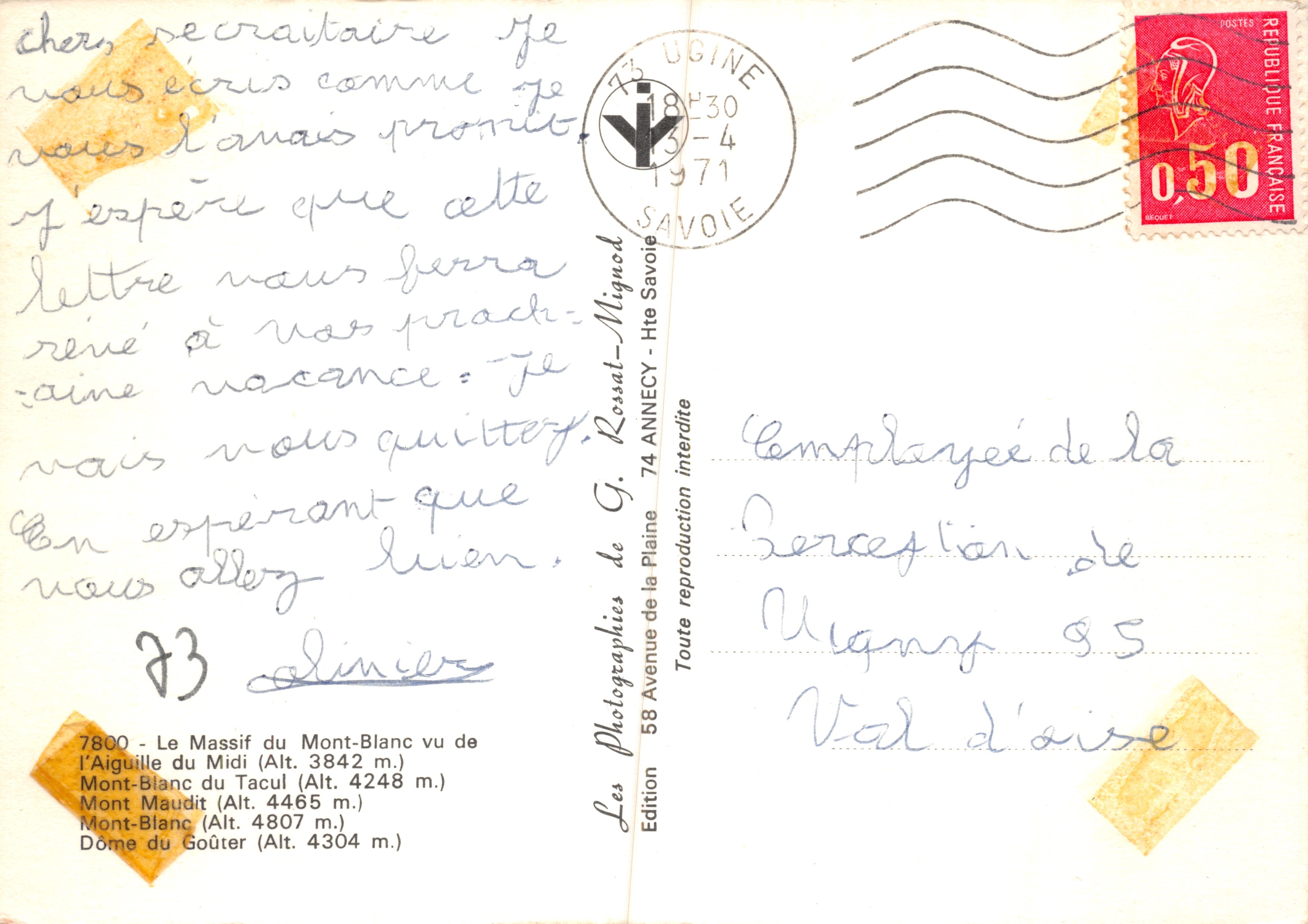 Mont-Blanc du Tacul — panoramische weergave van de omringende toppen — De Fotografieën van G. Rossat-Mignod, Uitgave Savoie — Achterkant