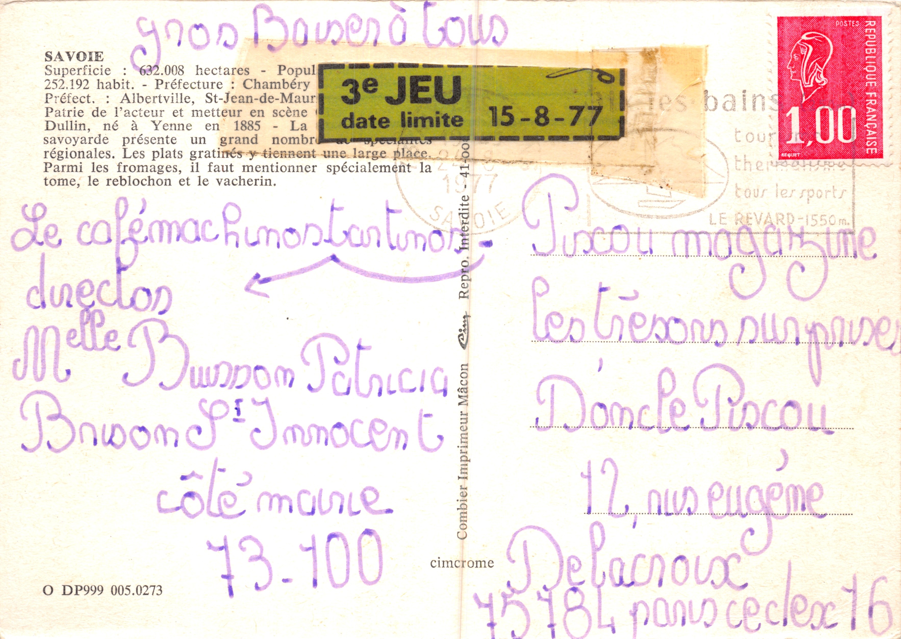 Savoie — cartolina turistica con mappa e vignette — editore Combière Imprimeur — Verso