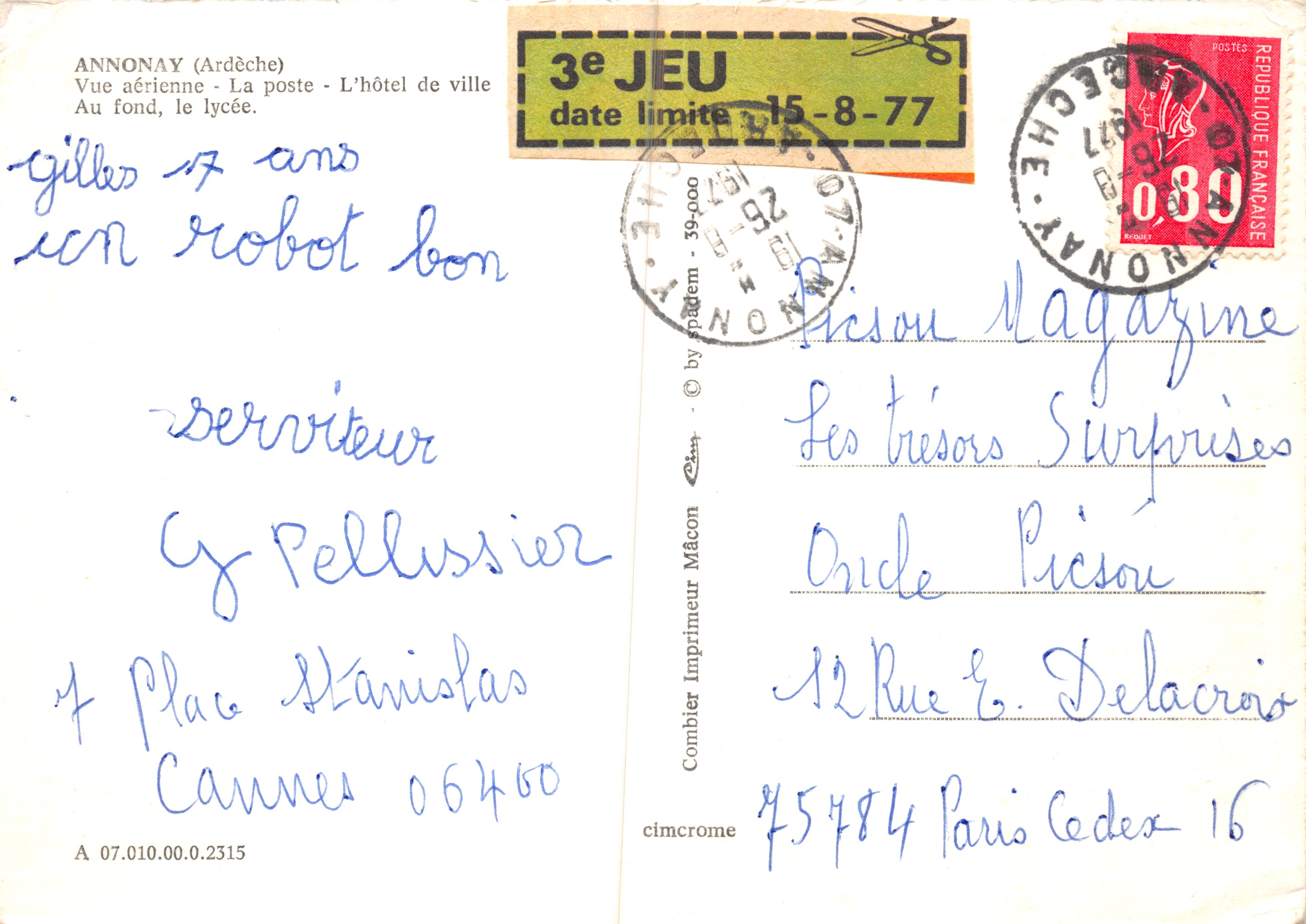 Annonay (Ardèche) — vista aerea con il municipio e il liceo in fondo — Editore Combier — Verso