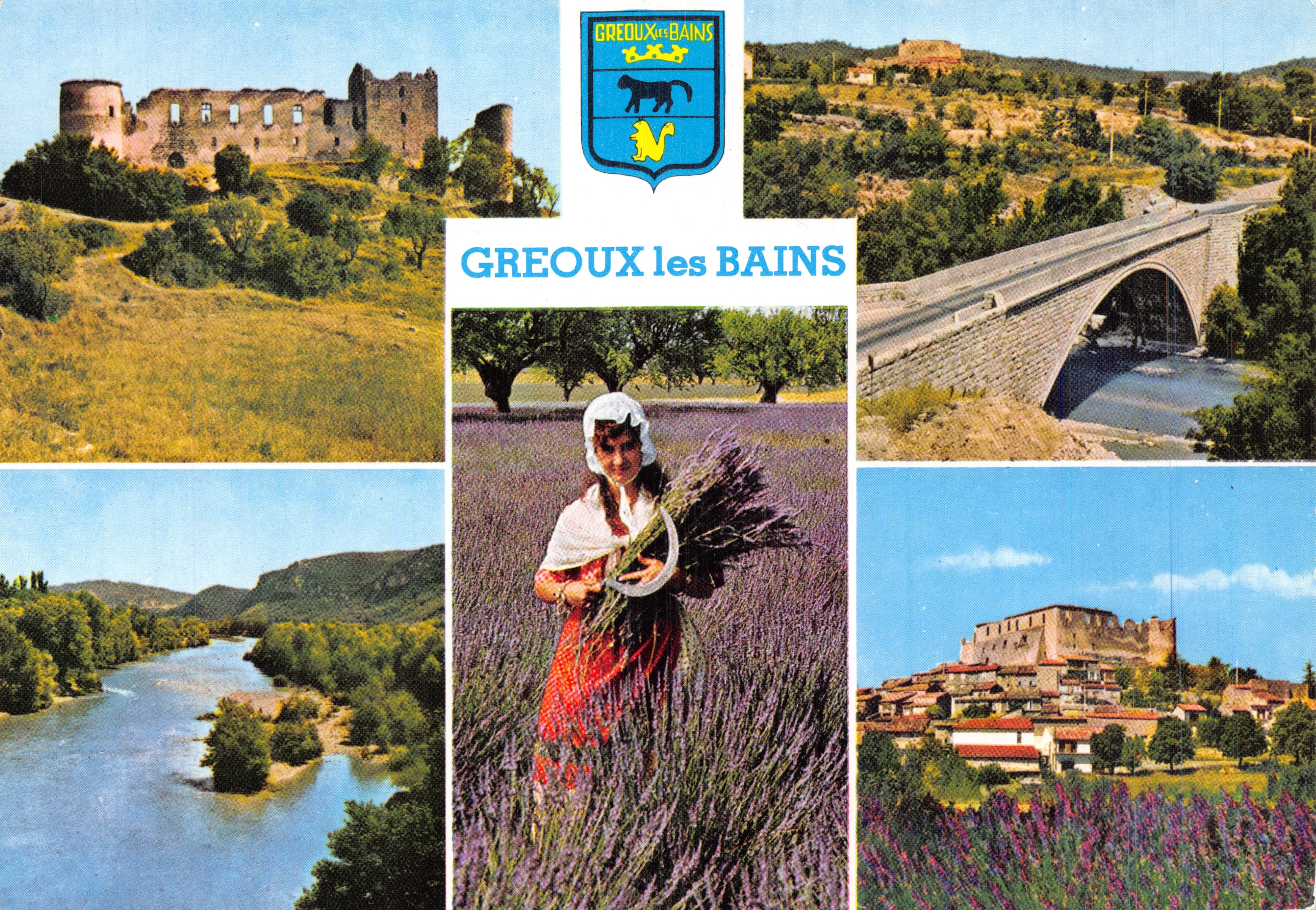 Greoux-les-Bains — vista compuesta con castillo, puente, lavanda y río — editor Les Éditions Mar, Nice