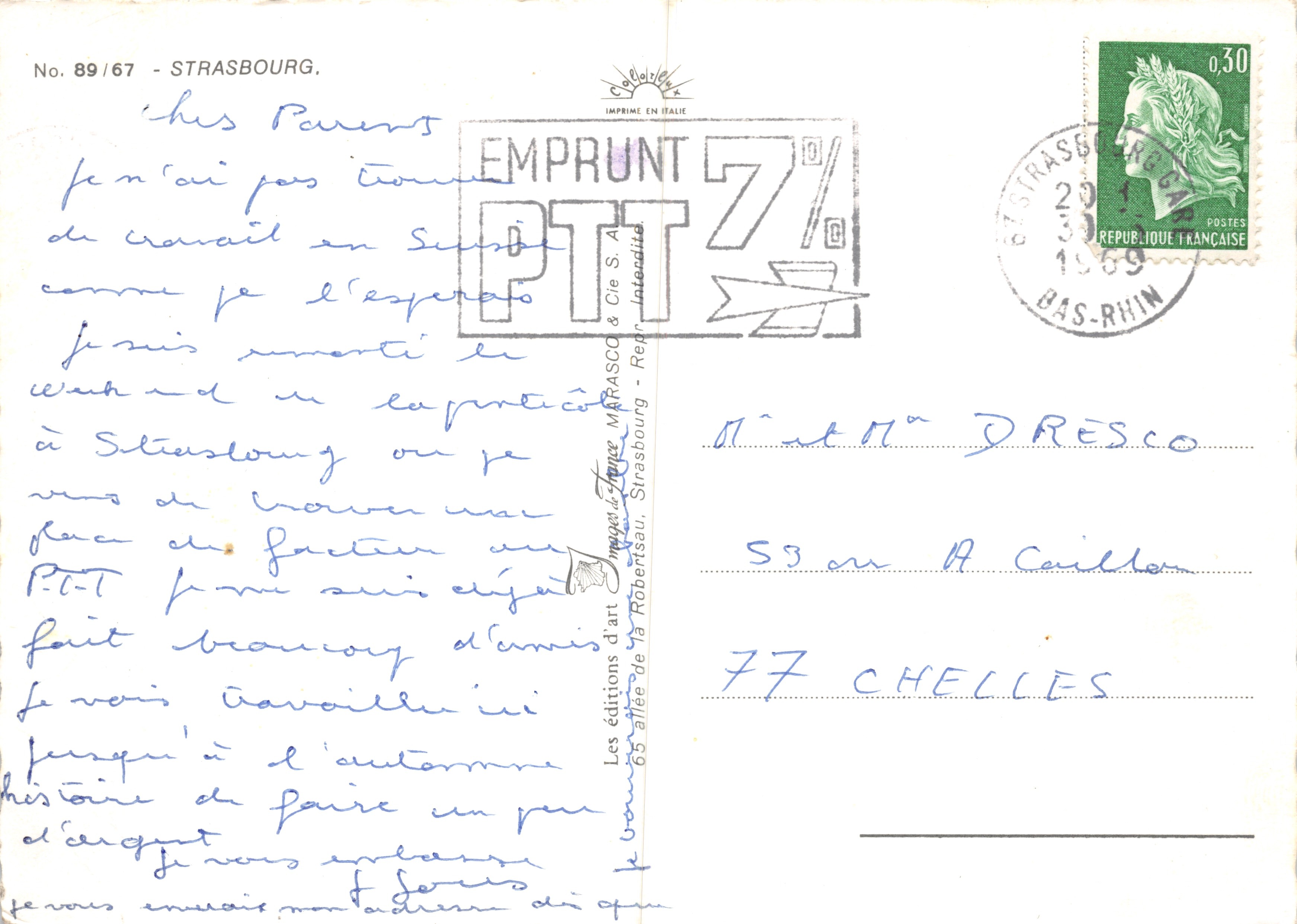 Luftbild von Straßburg — Kathedrale und Fluss — Verlag Les éditions d'art Marasco & Cie S.A. - Nr. 89/67 — Rückseite