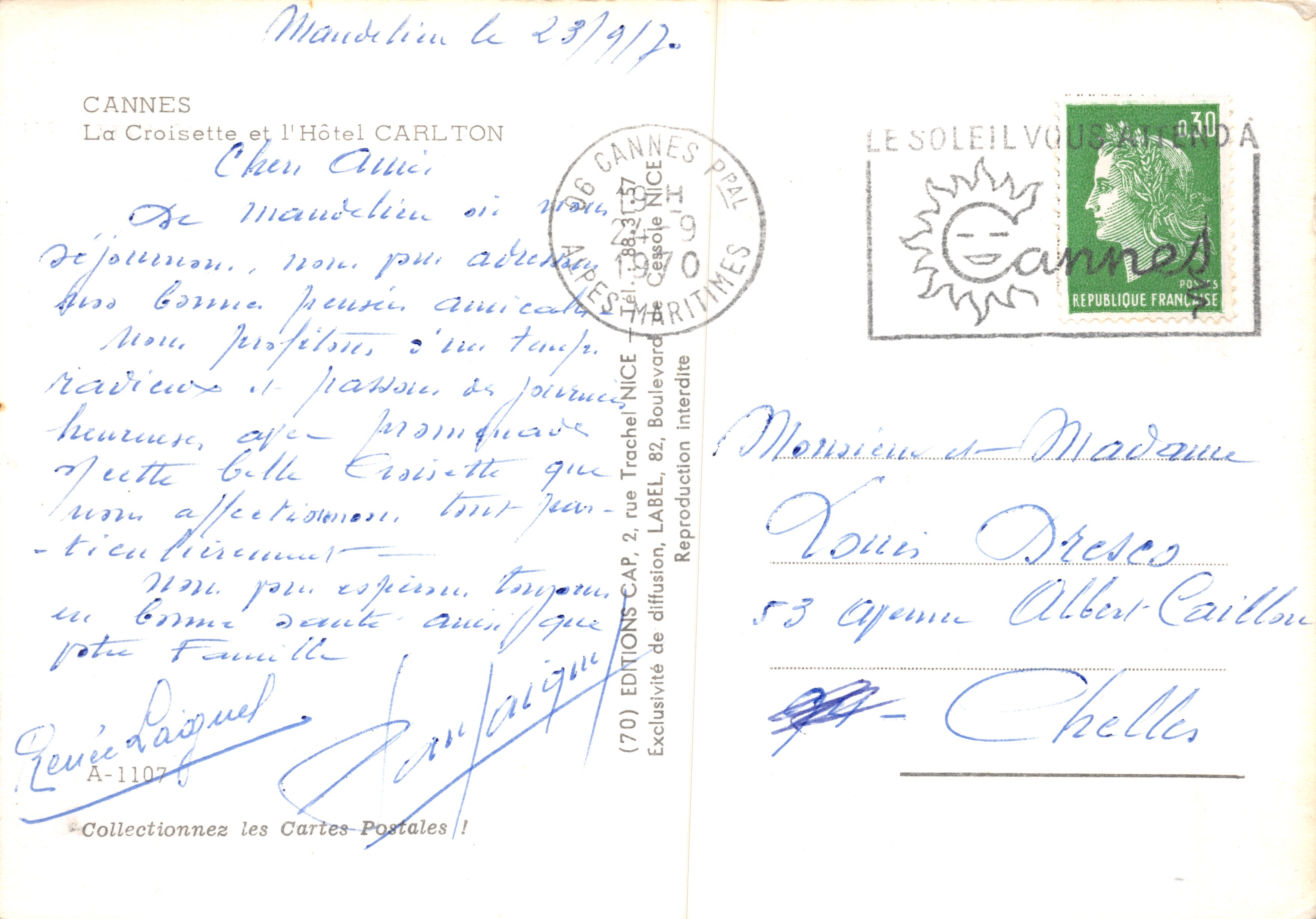 Cannes — Vista de la Croisette y el Hotel Carlton — Ediciones CAP — Reverso