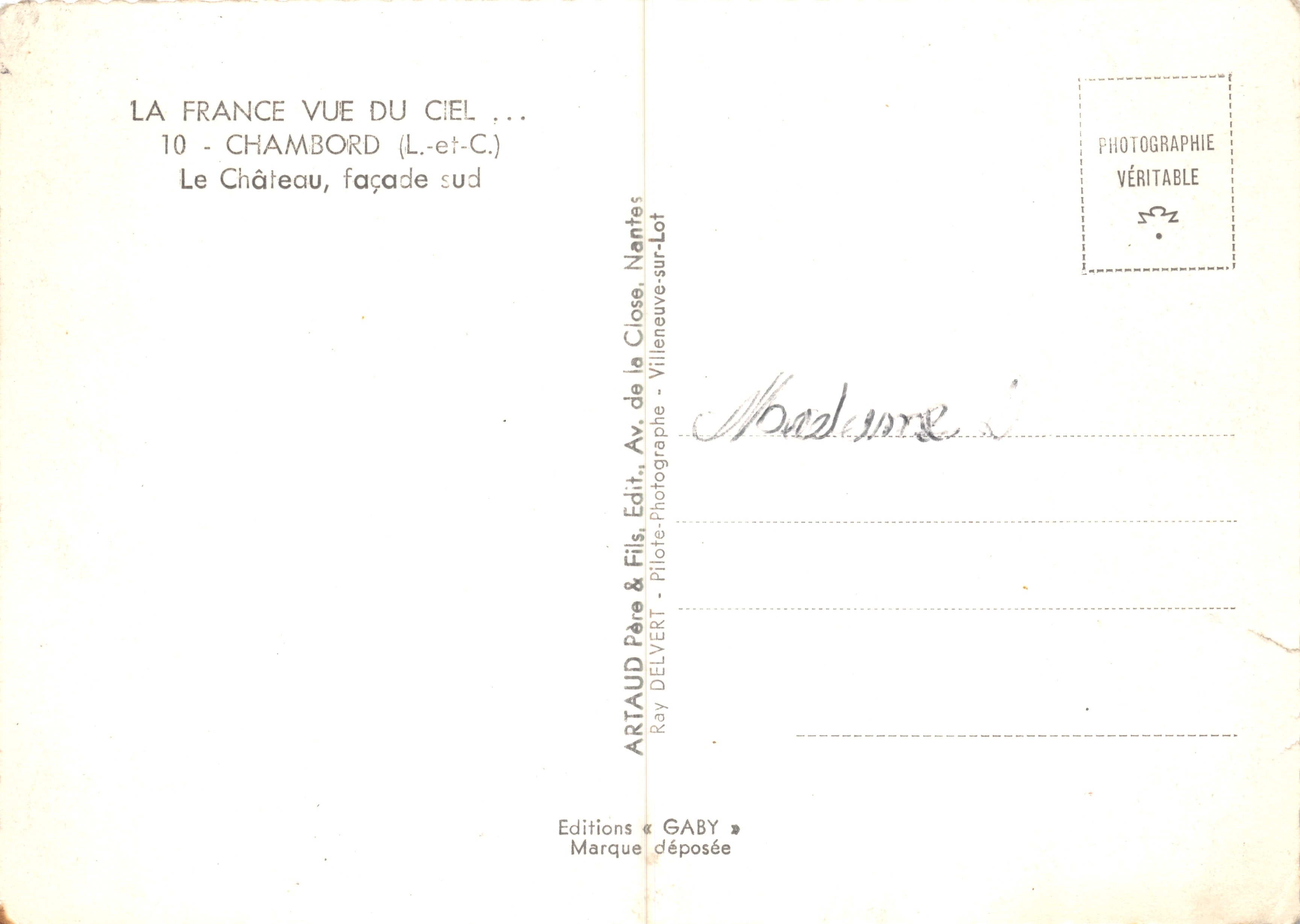 Chambord — Castello, facciata sud — Editions Gaby — Verso