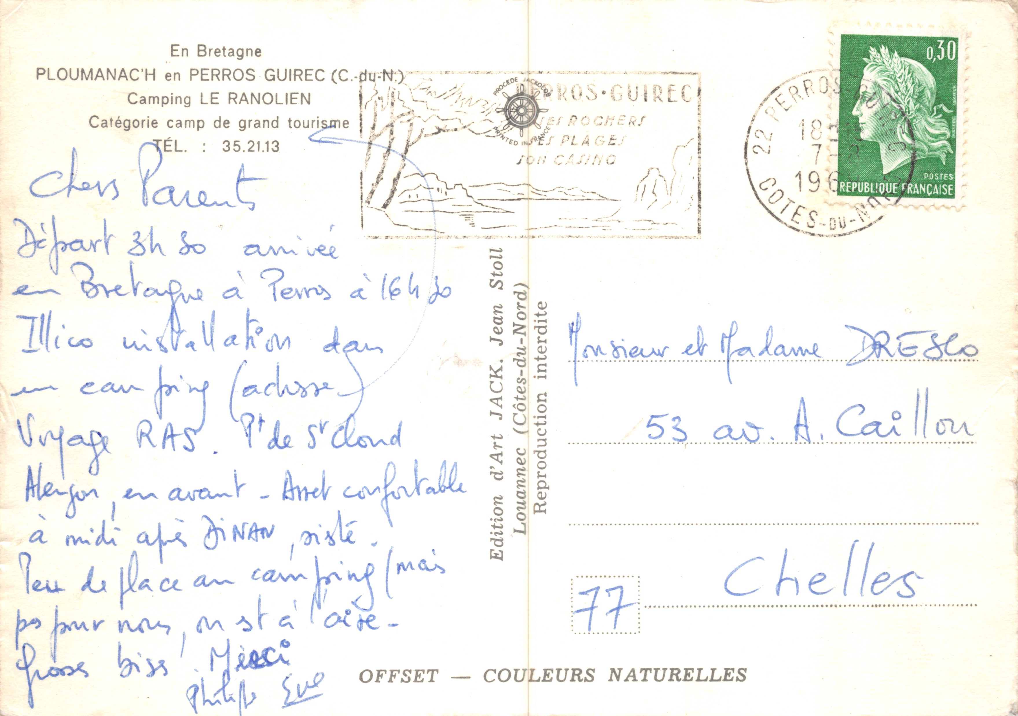 Camping Le Ranolien — vista panoramica e scene di campeggio in Bretagna — editore Jean Stoll — Verso