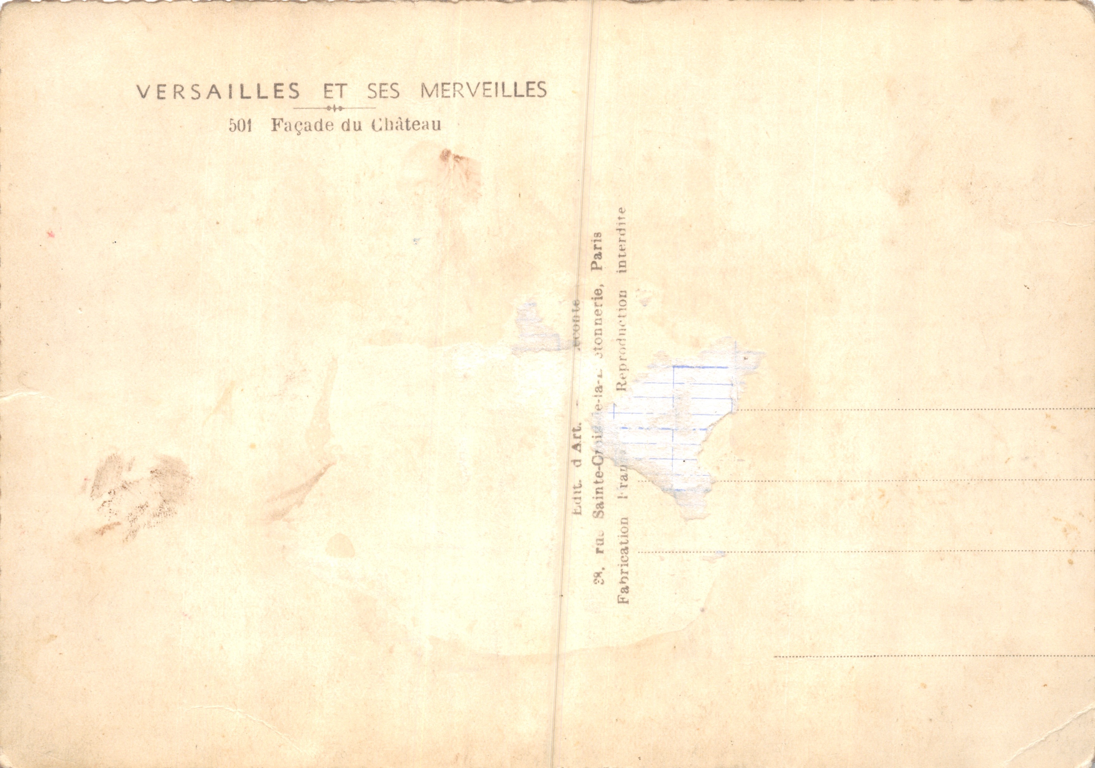 Place des Victoires — vue de la façade du Château de Versailles — éditeur Guy — Verso