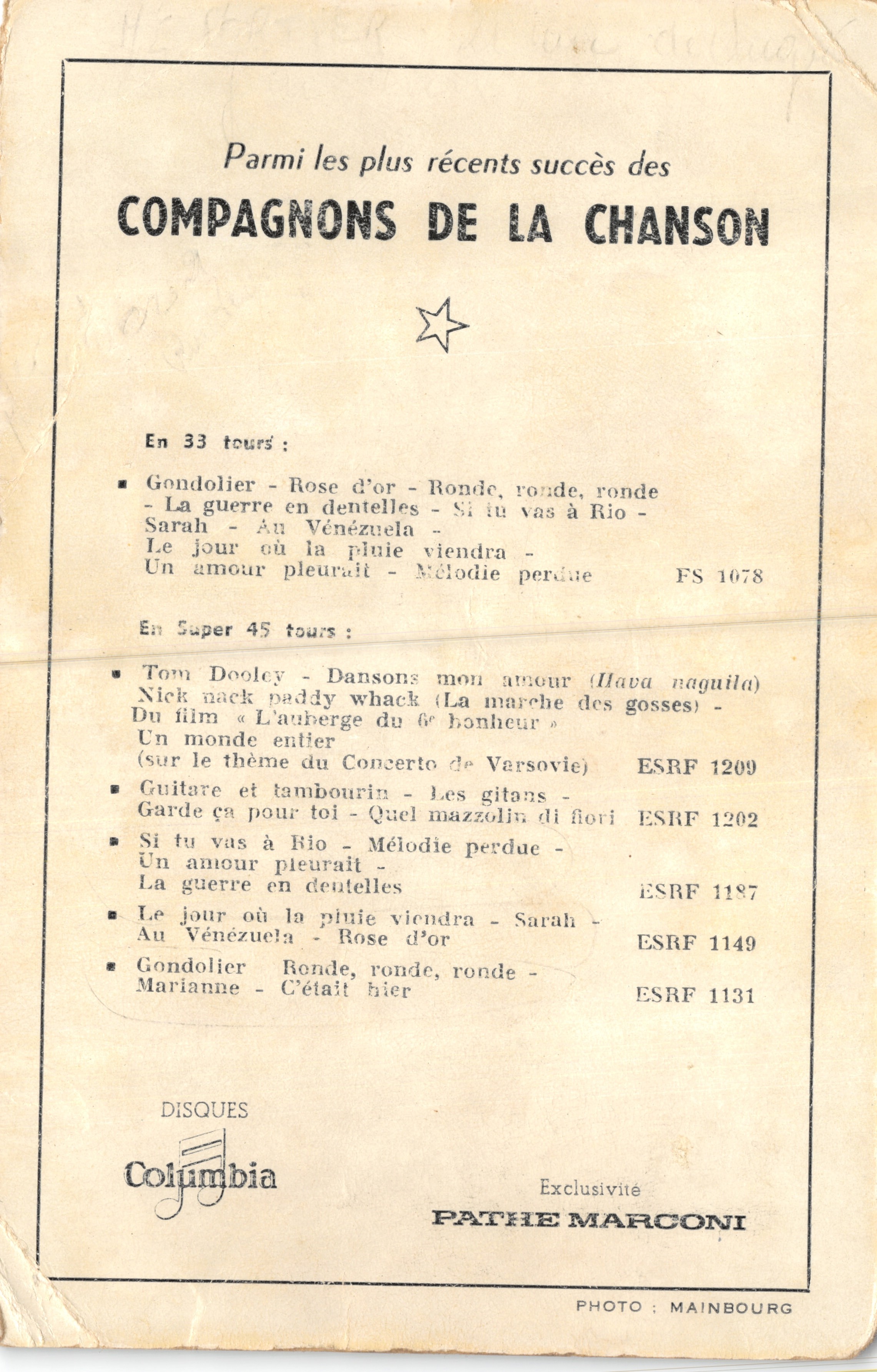 Compagnons de la Chanson — groep zangers — uitgever Columbia en Pathe Marconi — Achterkant
