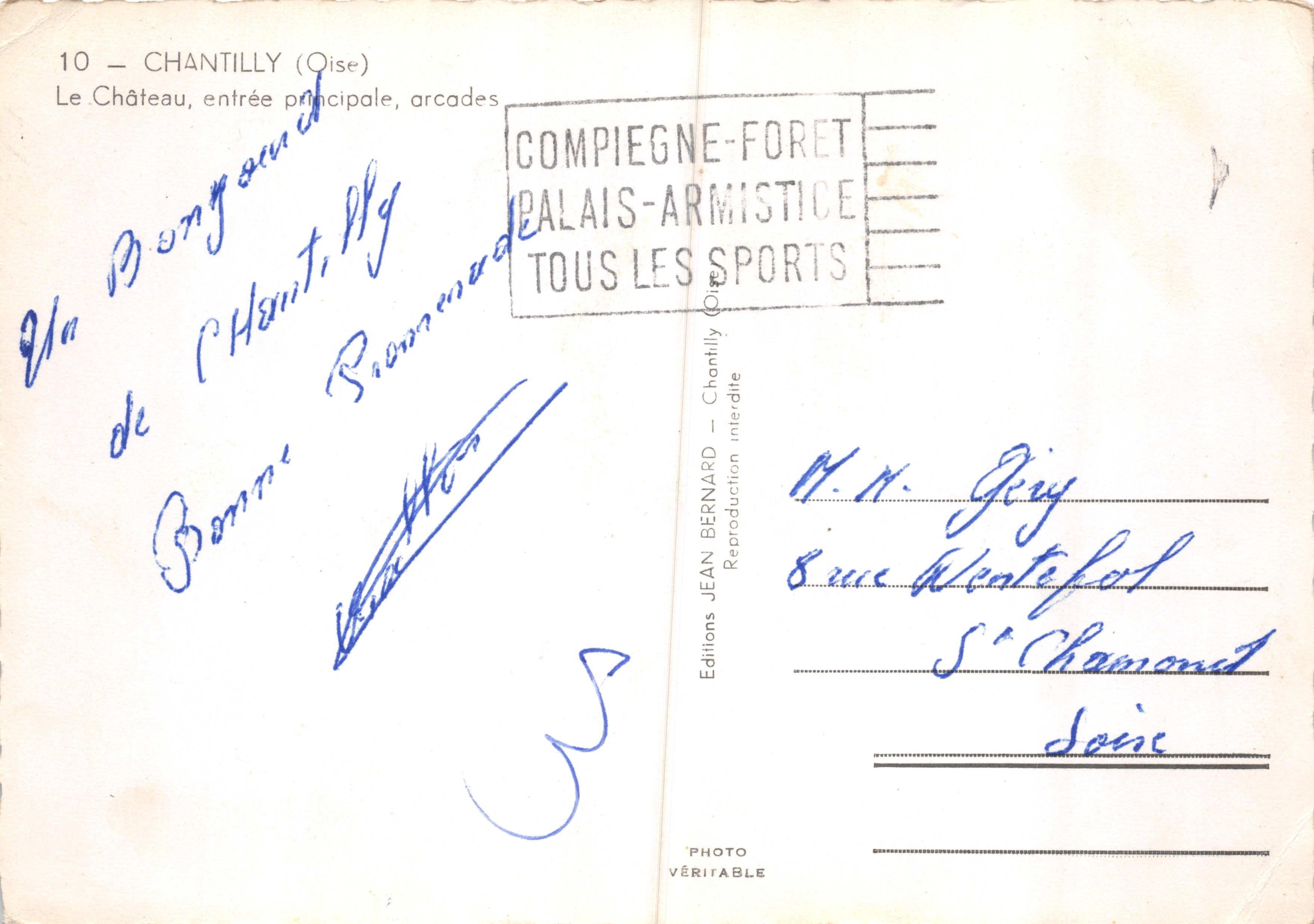Chantilly (Oise) — Il Castello, ingresso principale, arcate — Editions Jean Bernard — Verso