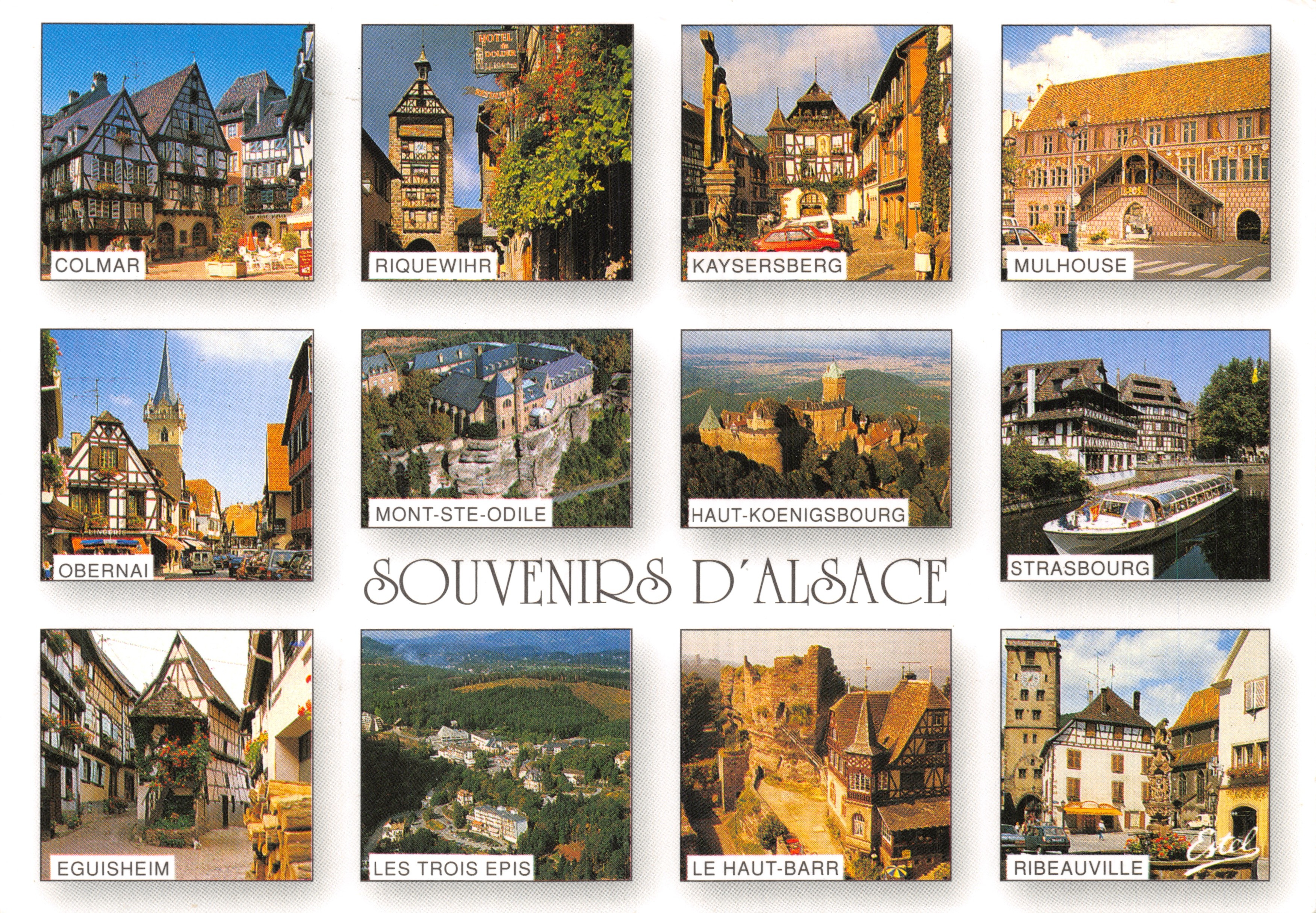 Recuerdos de Alsacia — colección de 10 viñetas (Colmar, Riquewihr, Kaysersberg, Mulhouse, Obernai, Mont-Ste-Odile, Haut-Koenigsbourg, Estrasburgo, Eguisheim, Les Trois Epis, Le Haut-Barr, Ribeauvillé) — editor LECOMTE