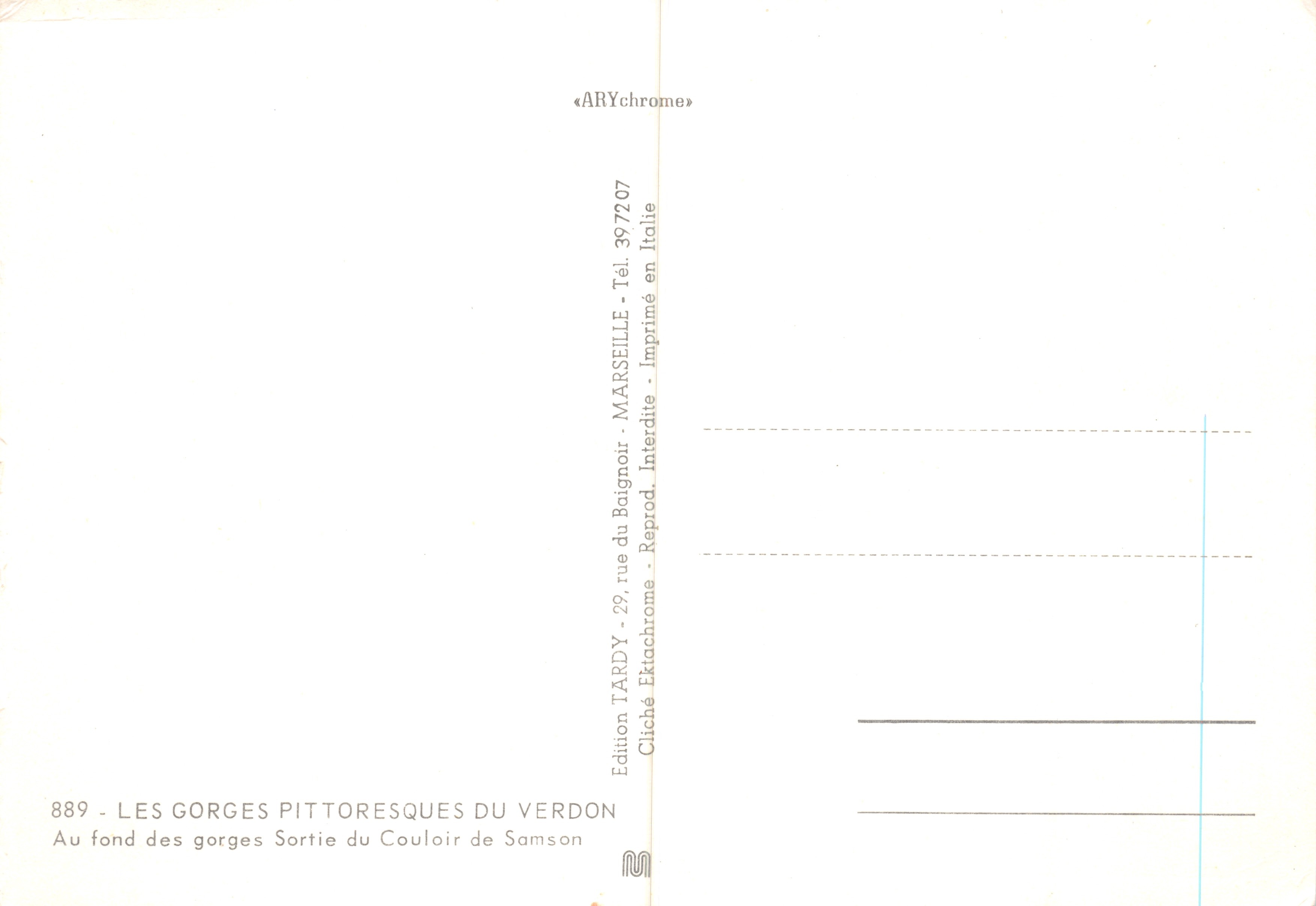 Gorge pittoresche del Verdon — Vista da una gola — Edizione TARDY, Stampa a Marsiglia — Verso