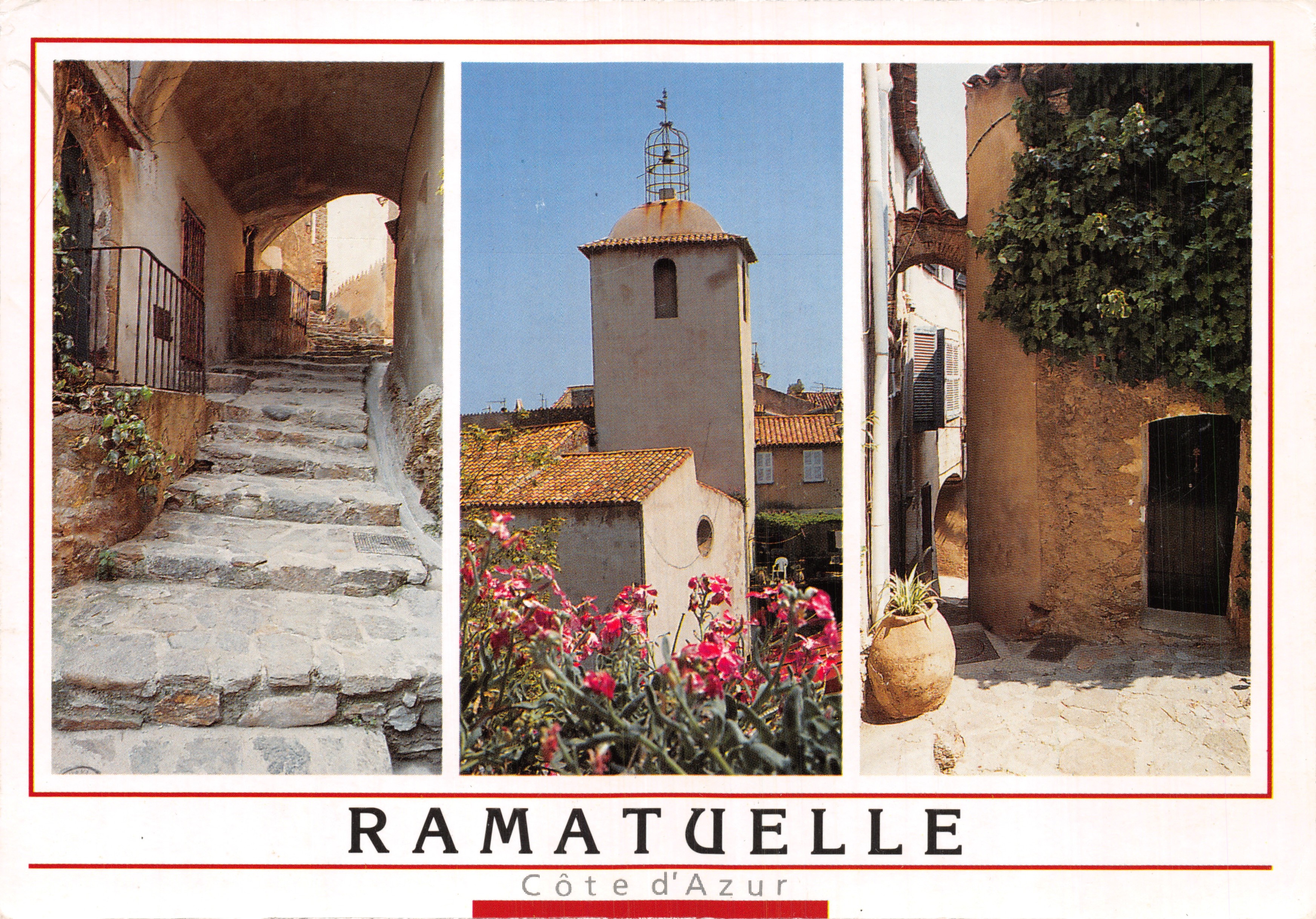 Ramatuelle — triptychische Ansicht von Gassen, Kirche und Garten — Les Éditions MAR