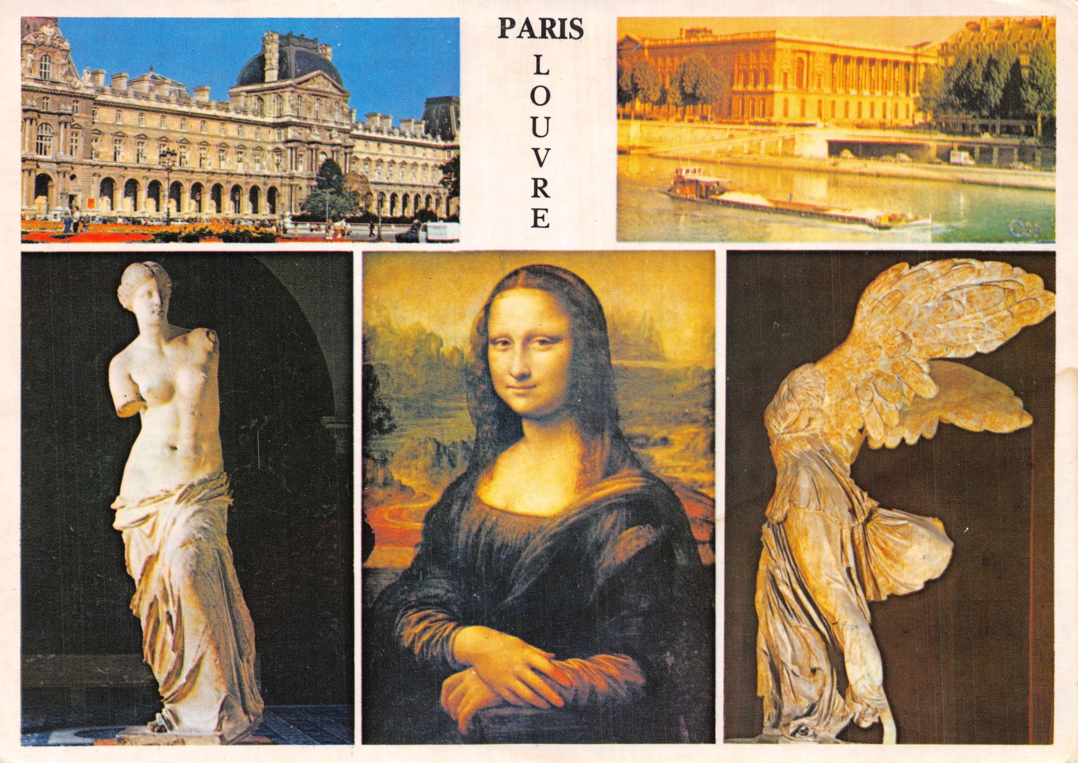 París - Louvre — vista del Palacio, del muelle y de las obras (Venus de Milo, La Mona Lisa, Victoria de Samotracia) — image in éditions