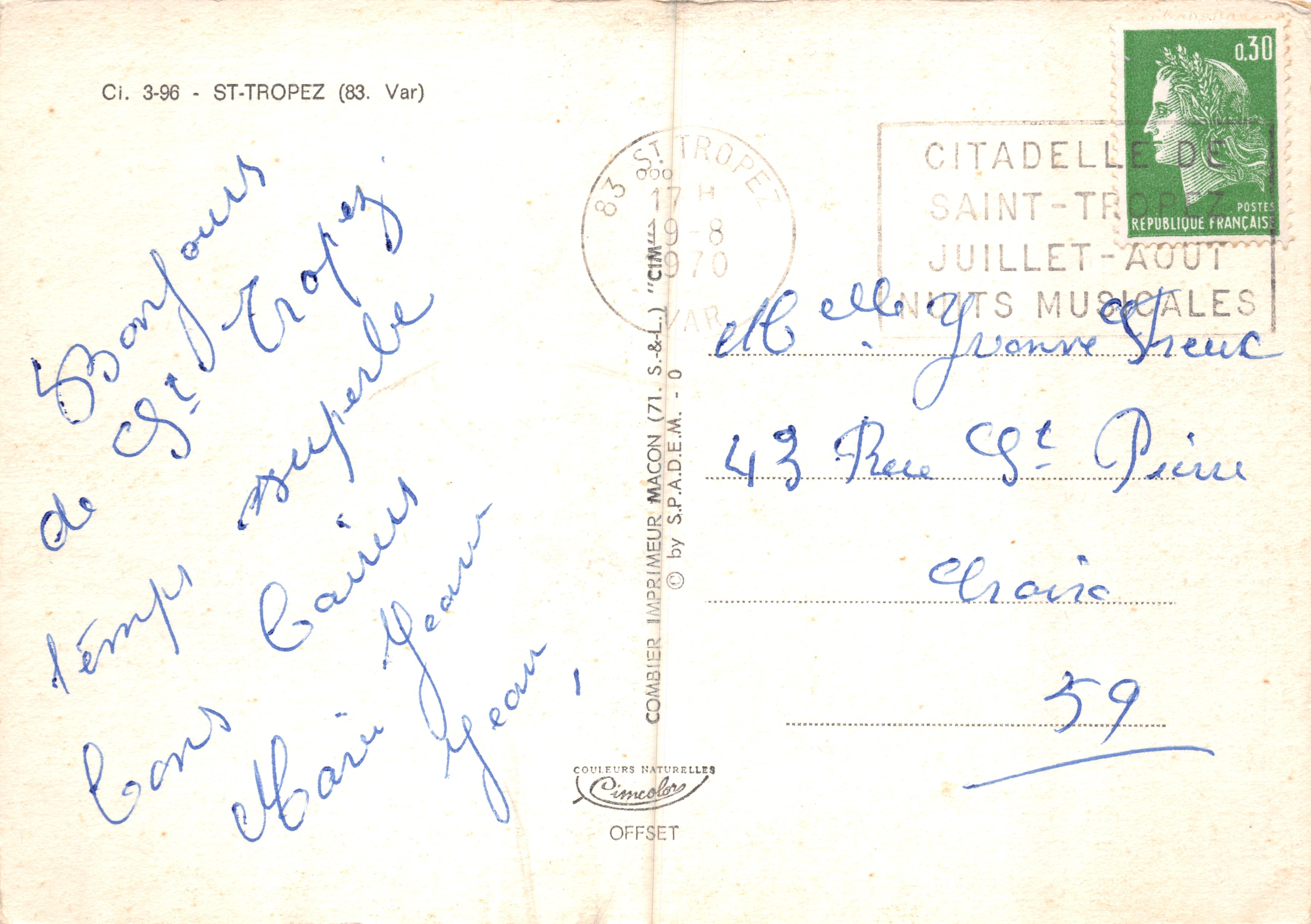 St-Tropez — vista general, la promenade Le Quai Suffren, la misericordia, un rincón del puerto de recreo — editor Combier Imprimeur (71. S.&L.) — Reverso
