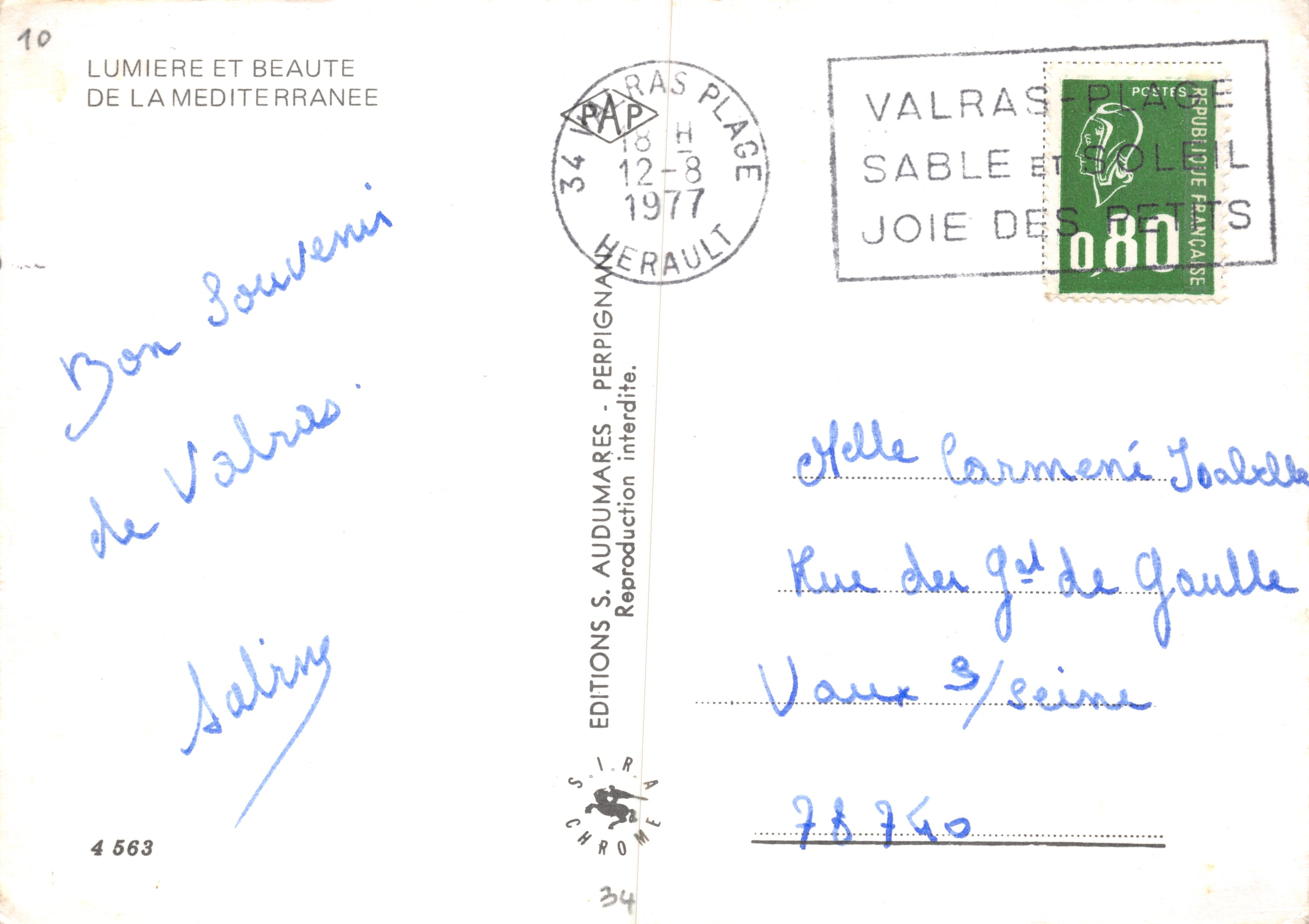 Souvenir of the Mediterranean — marine landscapes, yellow flowers and fisherman — Editions S. Audumares, n° 4563 — Back