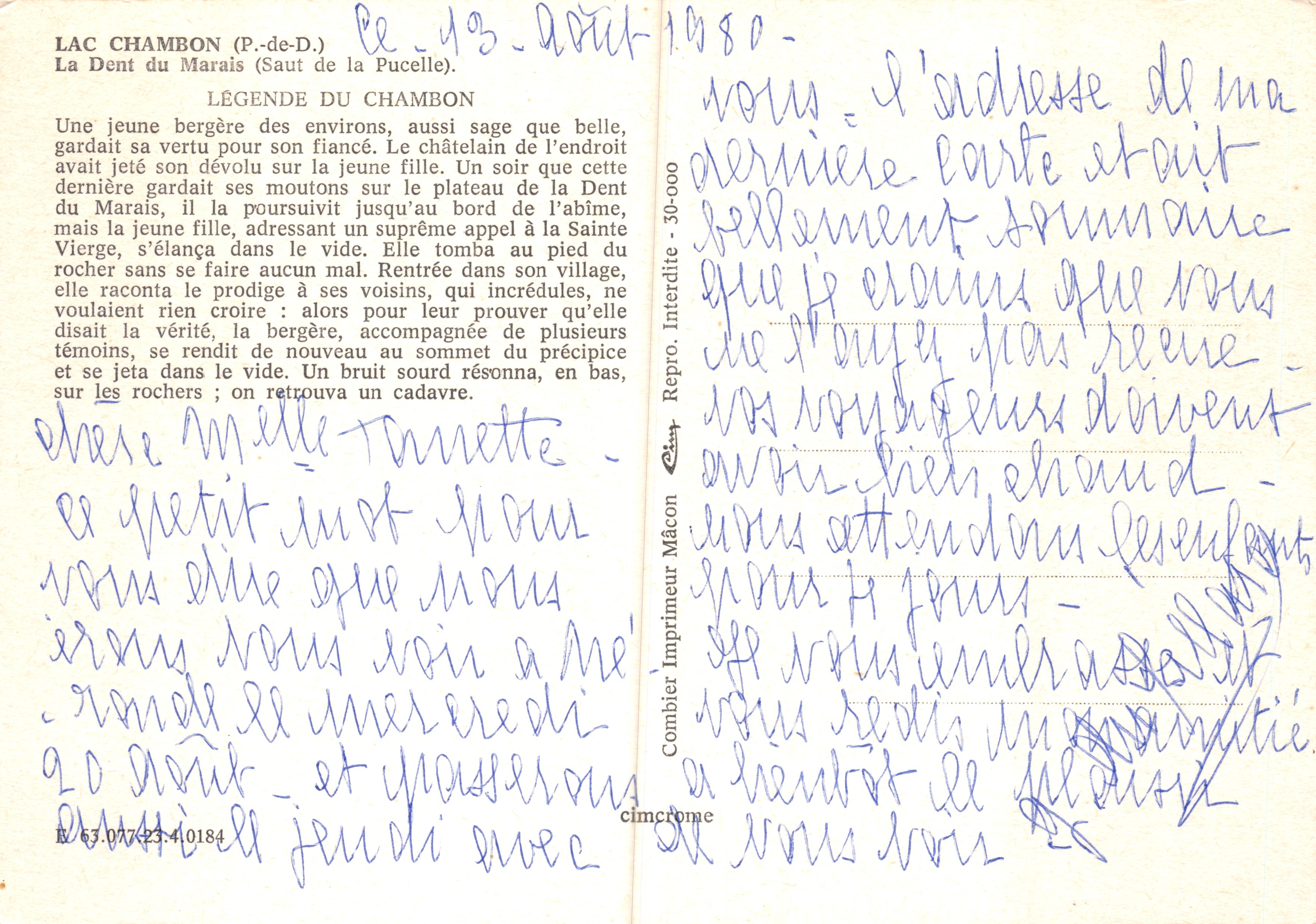 Lago Chambon (P.-de-D.) — El Diente del Marais (Salto de la Virgen) — Editor Combier Mâcon — Reverso
