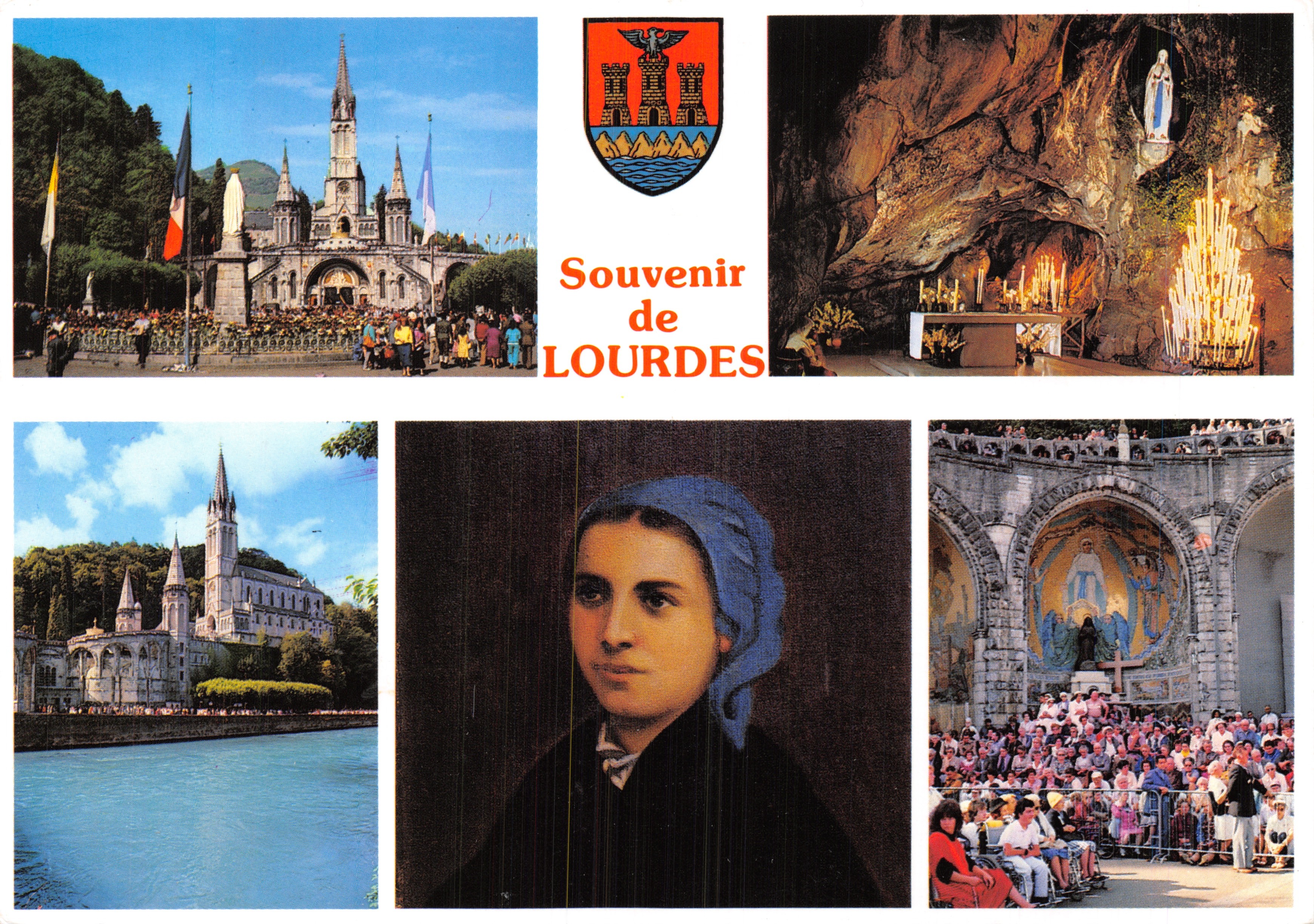 Lourdes — Basilica, grotta, statua, ritratto di Bernadette e folla — Cartolina commemorativa di Lourdes, editore Edition A, B.P. 149, 25014 Besançon
