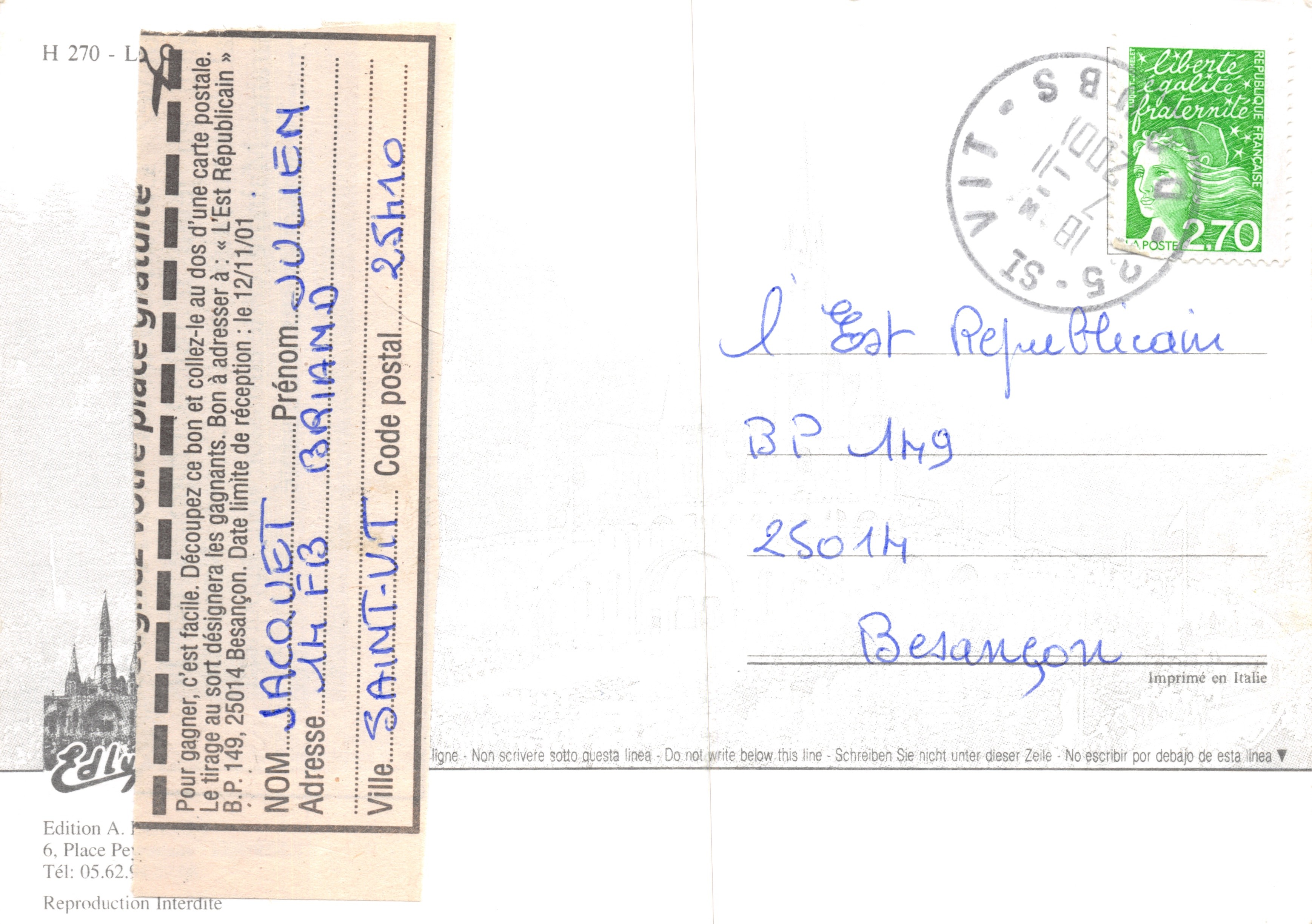 Lourdes — Basilica, grotta, statua, ritratto di Bernadette e folla — Cartolina commemorativa di Lourdes, editore Edition A, B.P. 149, 25014 Besançon — Verso