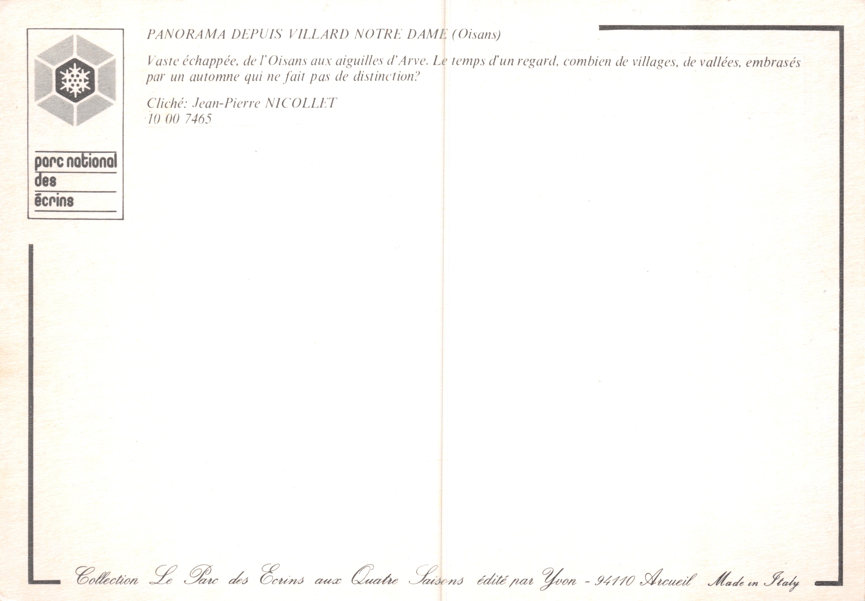Il Parco degli Écrins in quattro stagioni — panorama da Villard Notre Dame, edito da Yvon — Verso