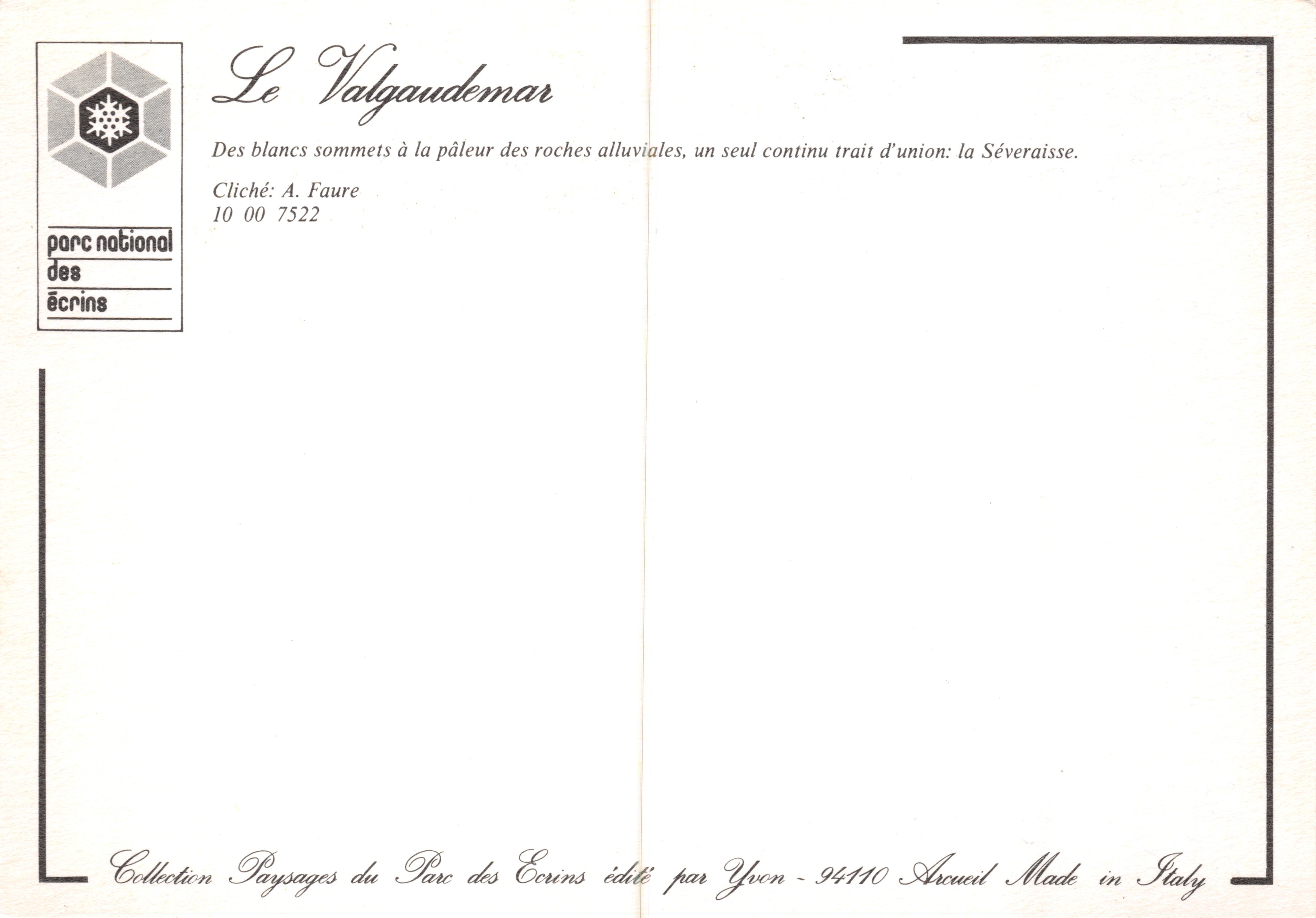 Der Valgaudemar — Ansicht des Flusses im Nationalpark Écrins — Verlag Yvon, Nr. 10 00 7522 — Rückseite