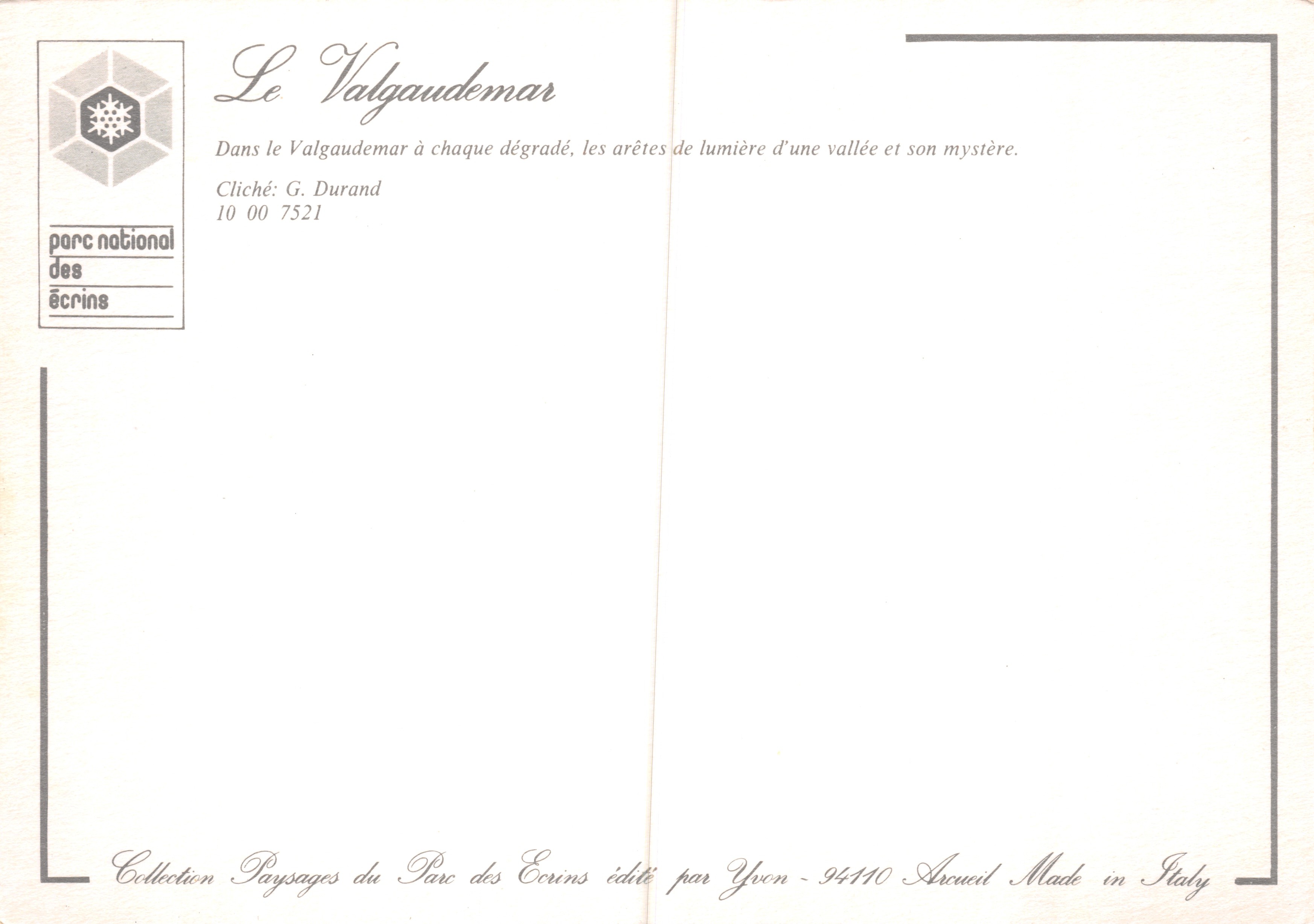 Le Valgaudemar — panoramisch uitzicht op het Nationale Park van de Écrins — uitgever Yvon — Achterkant