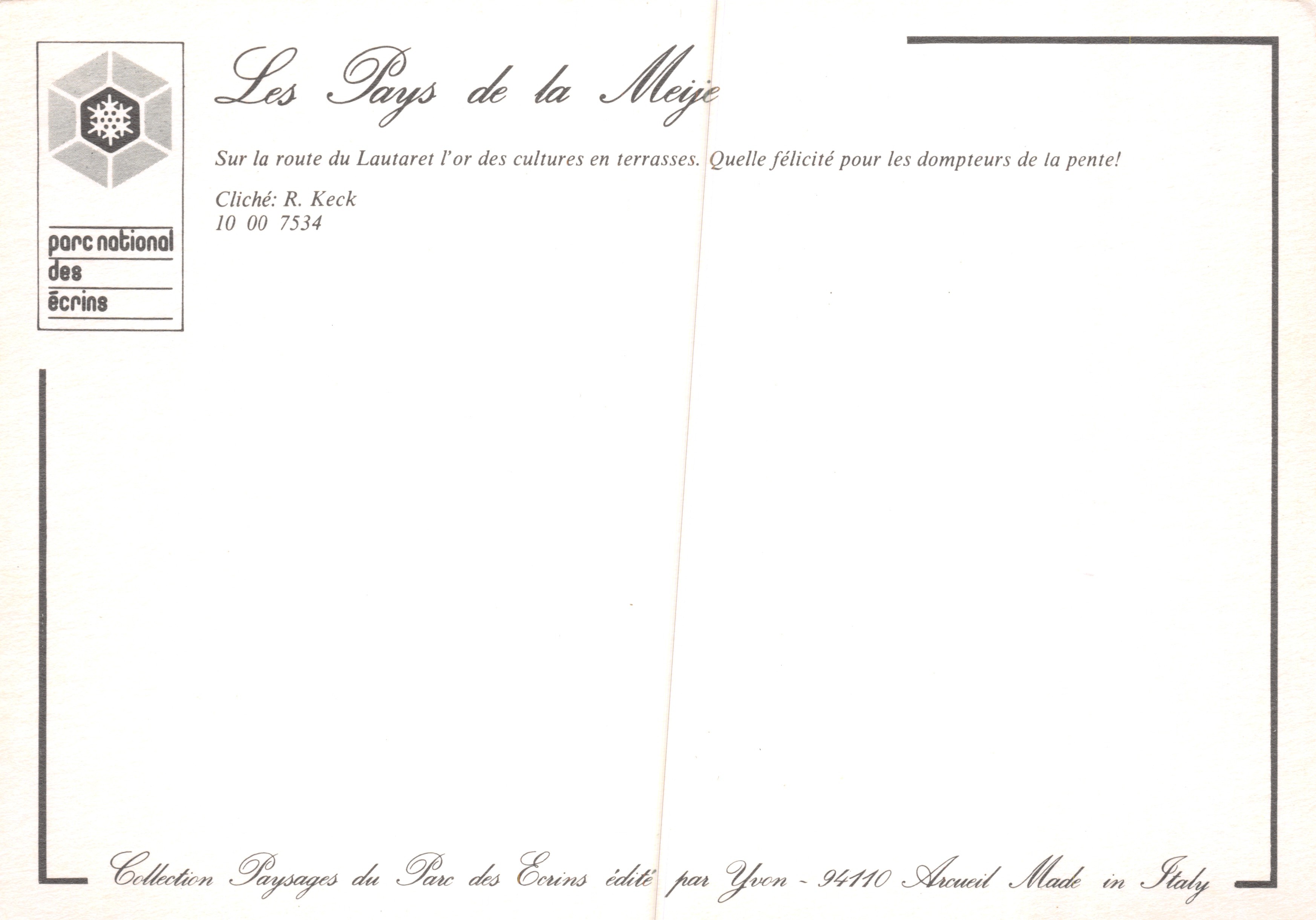 La regione Meije — Parco Nazionale degli Écrins — editore Yvon, n. 10 00 7534 — Verso