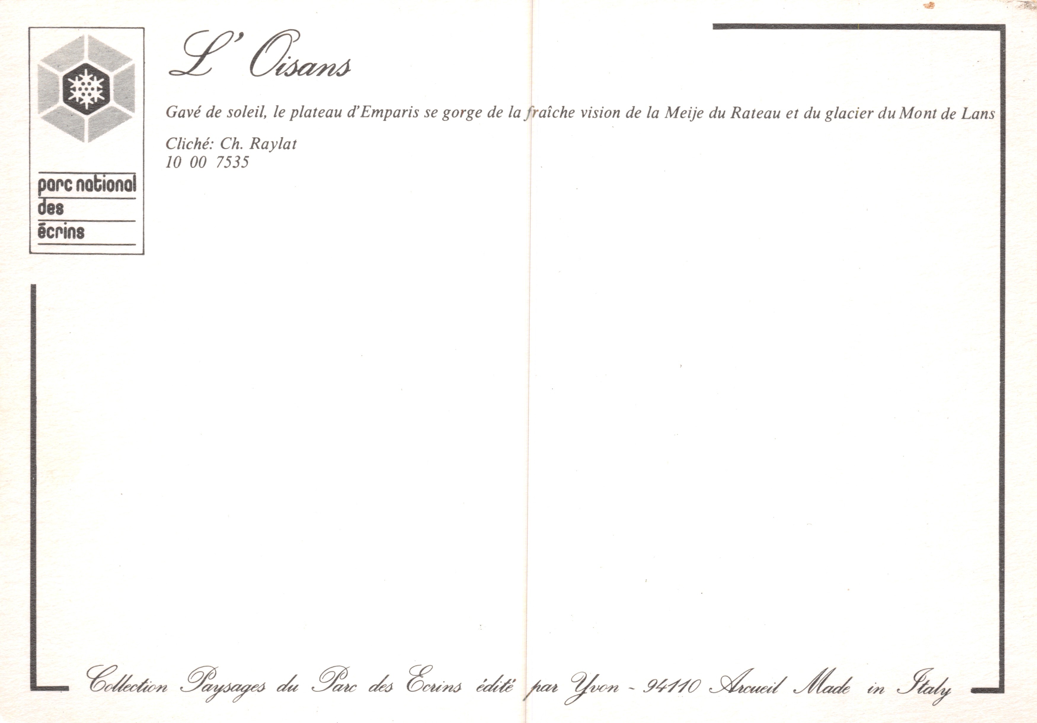 L'Oisans — Panoramablick auf den Nationalpark der Écrins — Verlag Yvon, Nr. 10 00 7535 — Rückseite