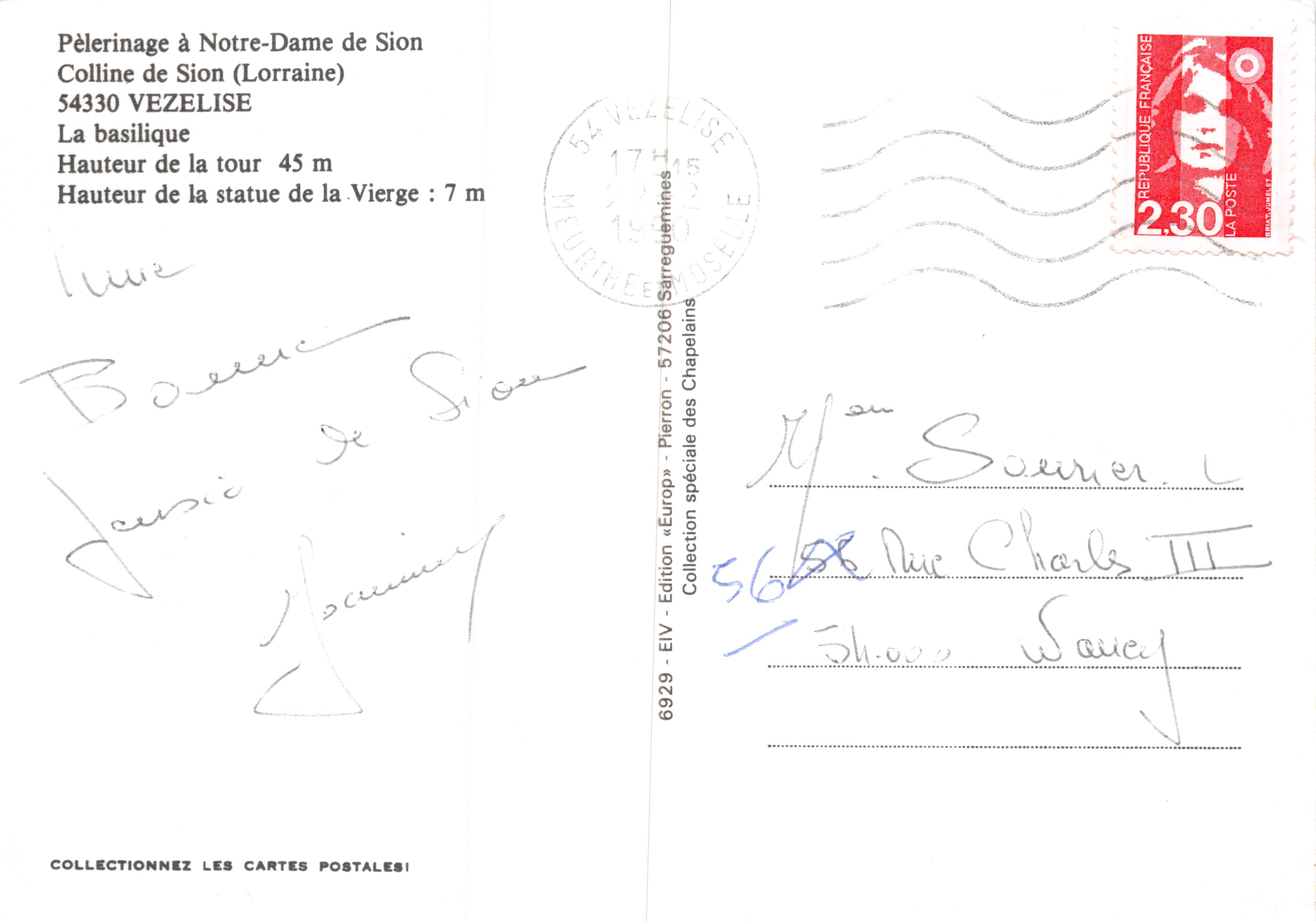 Pèlerinage à Notre-Dame de Sion — Colline de Sion (Lorraine) — Édition EIV — Verso