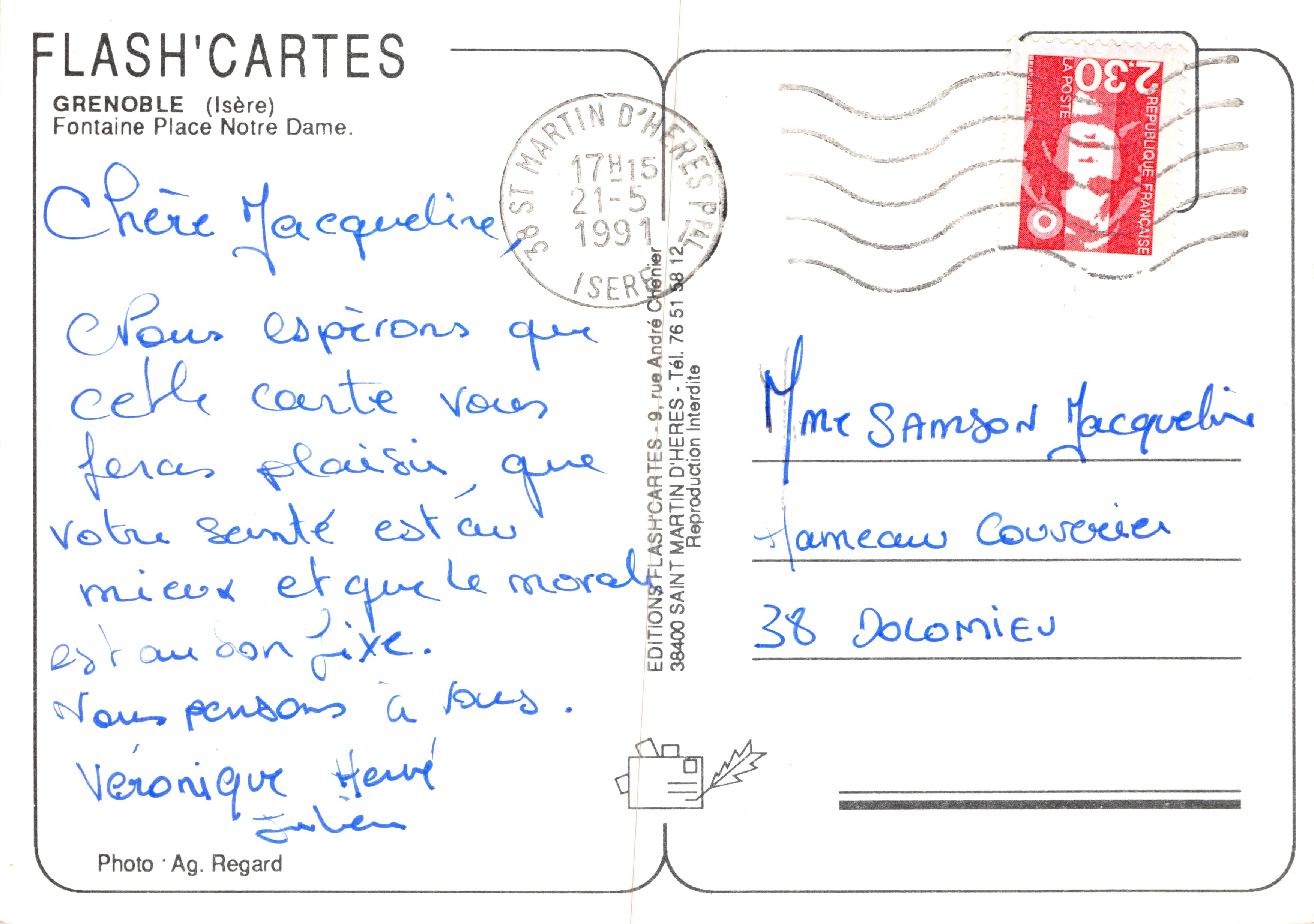 Grenoble — Fontaine de la Place Notre-Dame avec gueule de gargouille et glace — Éditions Flash'Cartes — Verso