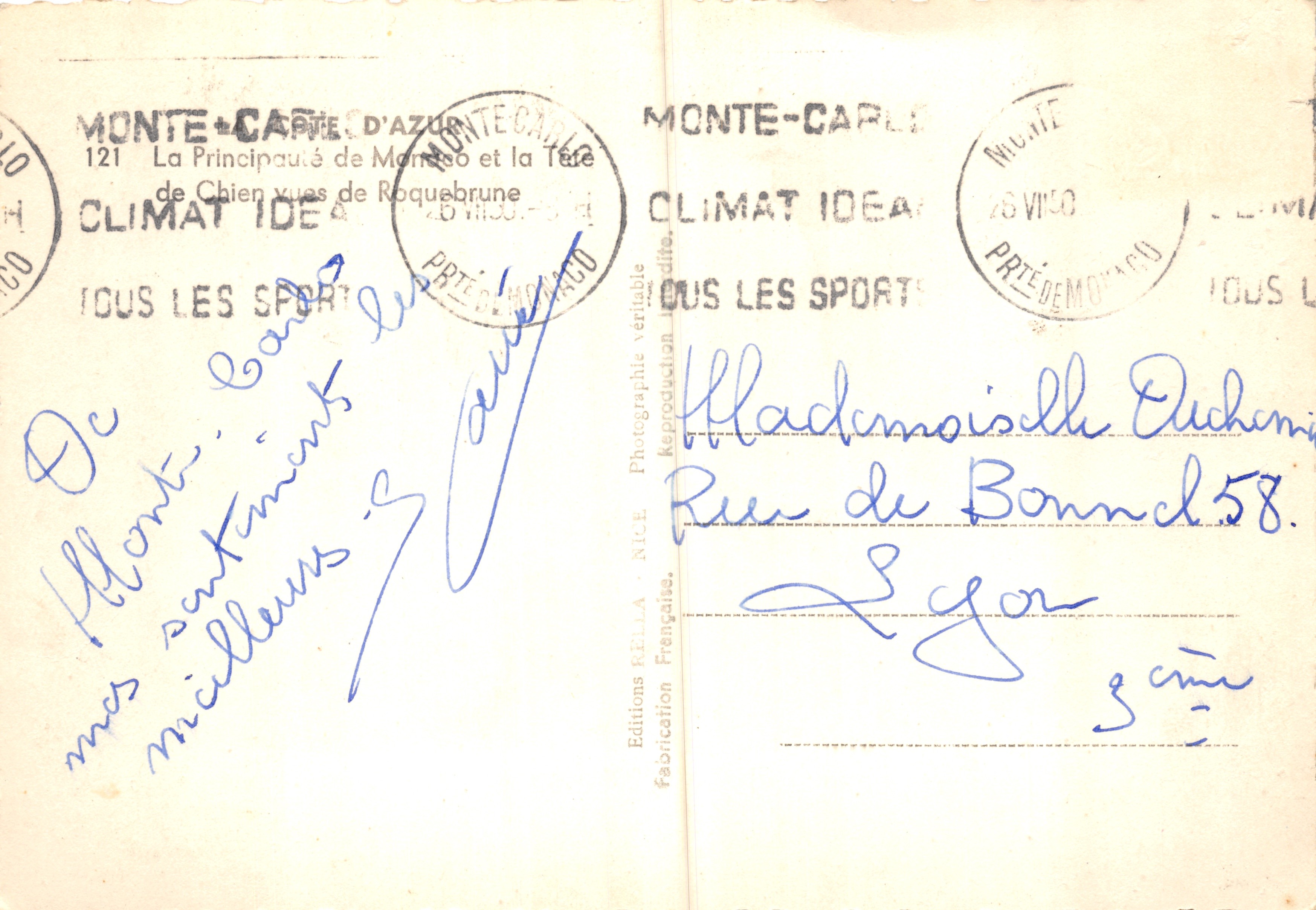Monte-Carlo — vista de Mónaco y la Cabeza de Roquebrune — Éditions Rella — Reverso