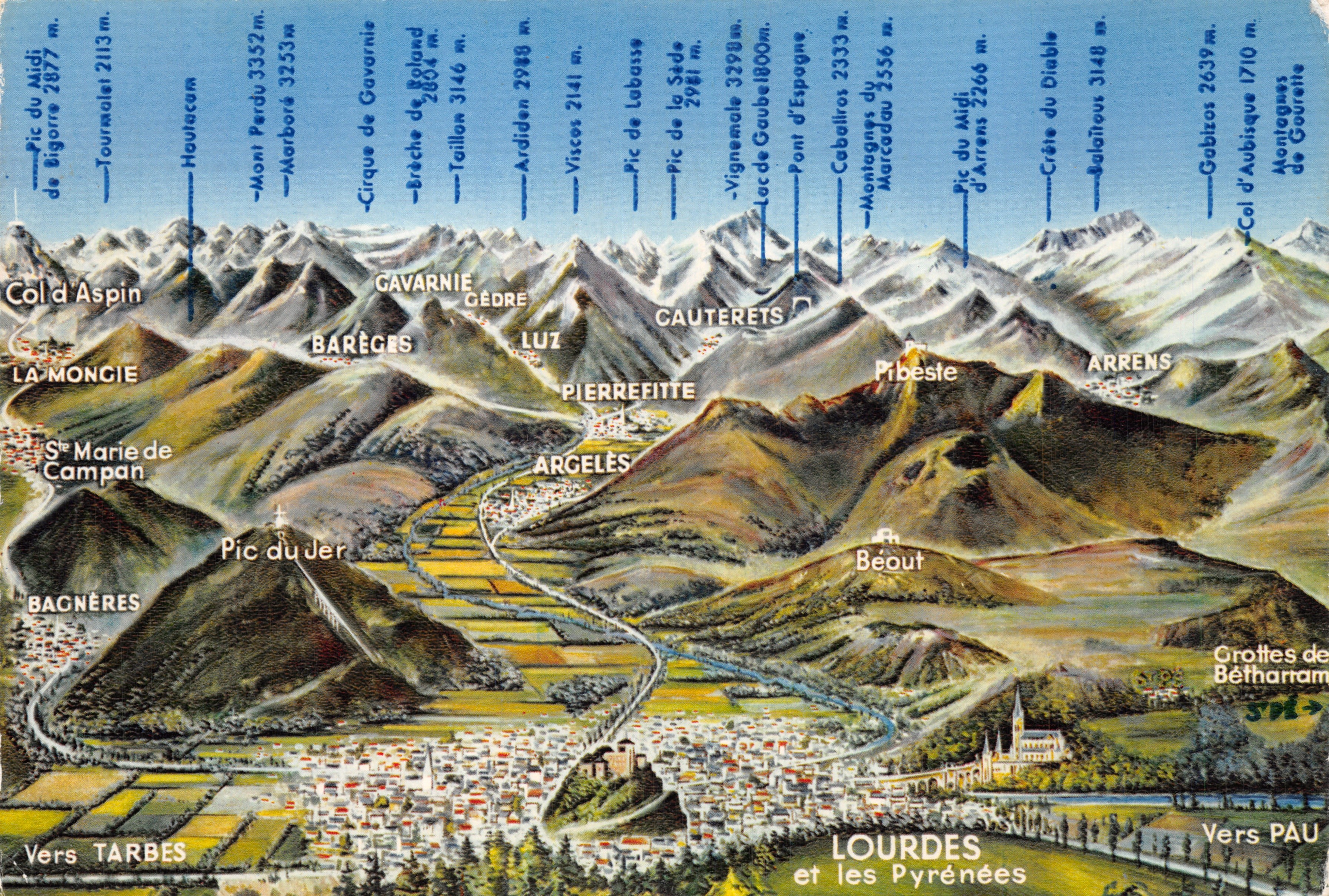 Lourdes y los Pirineos — vista panorámica de las montañas con nombres de edificios y cumbres — Ed. A. DOUCET, Pl. Peyramale