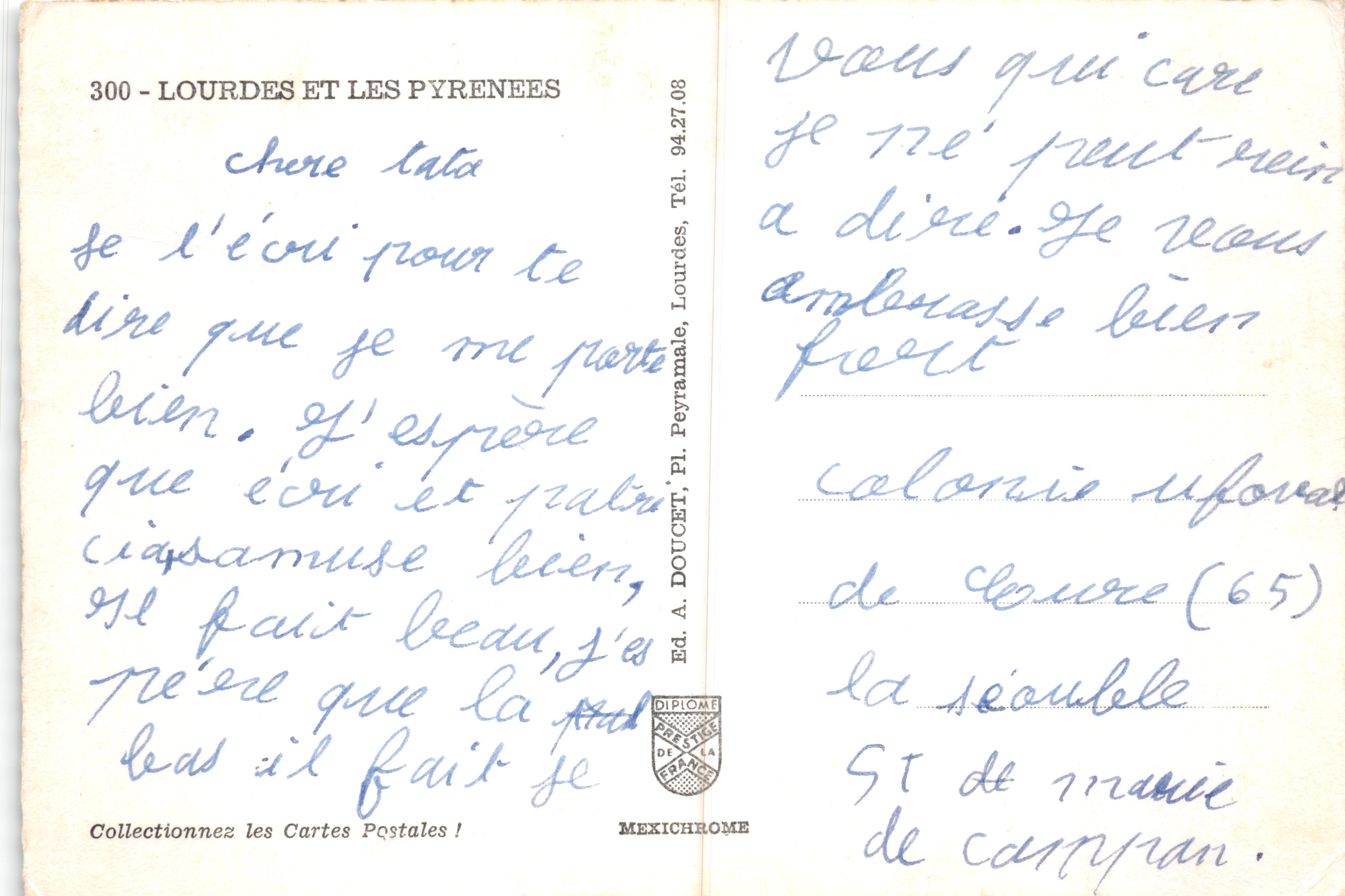 Lourdes y los Pirineos — vista panorámica de las montañas con nombres de edificios y cumbres — Ed. A. DOUCET, Pl. Peyramale — Reverso