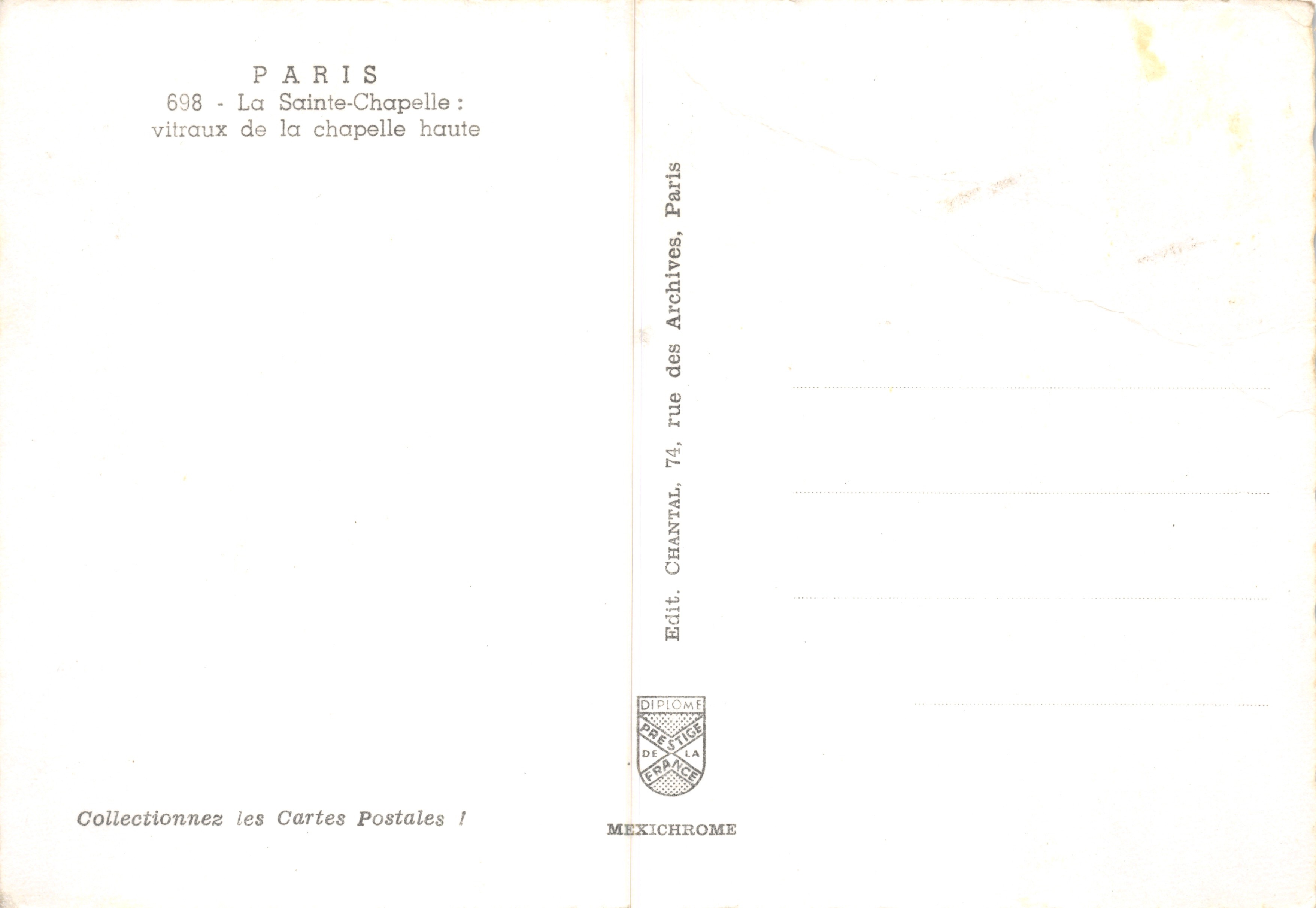 Die Heilige Kapelle — Glasfenster der oberen Kapelle — Verlag CHANTAL, Paris — Rückseite
