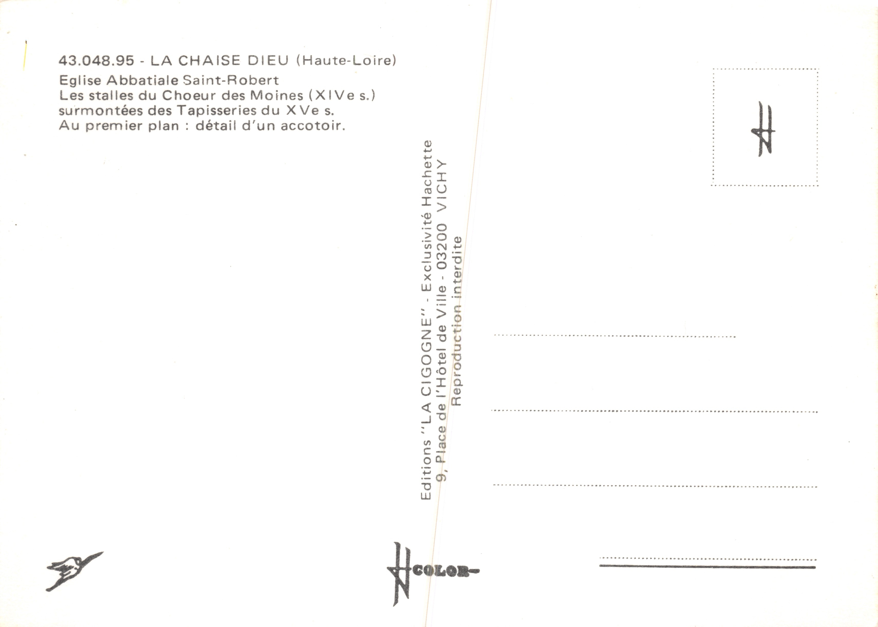 Église Abbatiale Saint-Robert — Les stalles du chœur des moines (XVe s.) — Éditions 'LA CIGOGNE' n°43.048.95 — Reverso