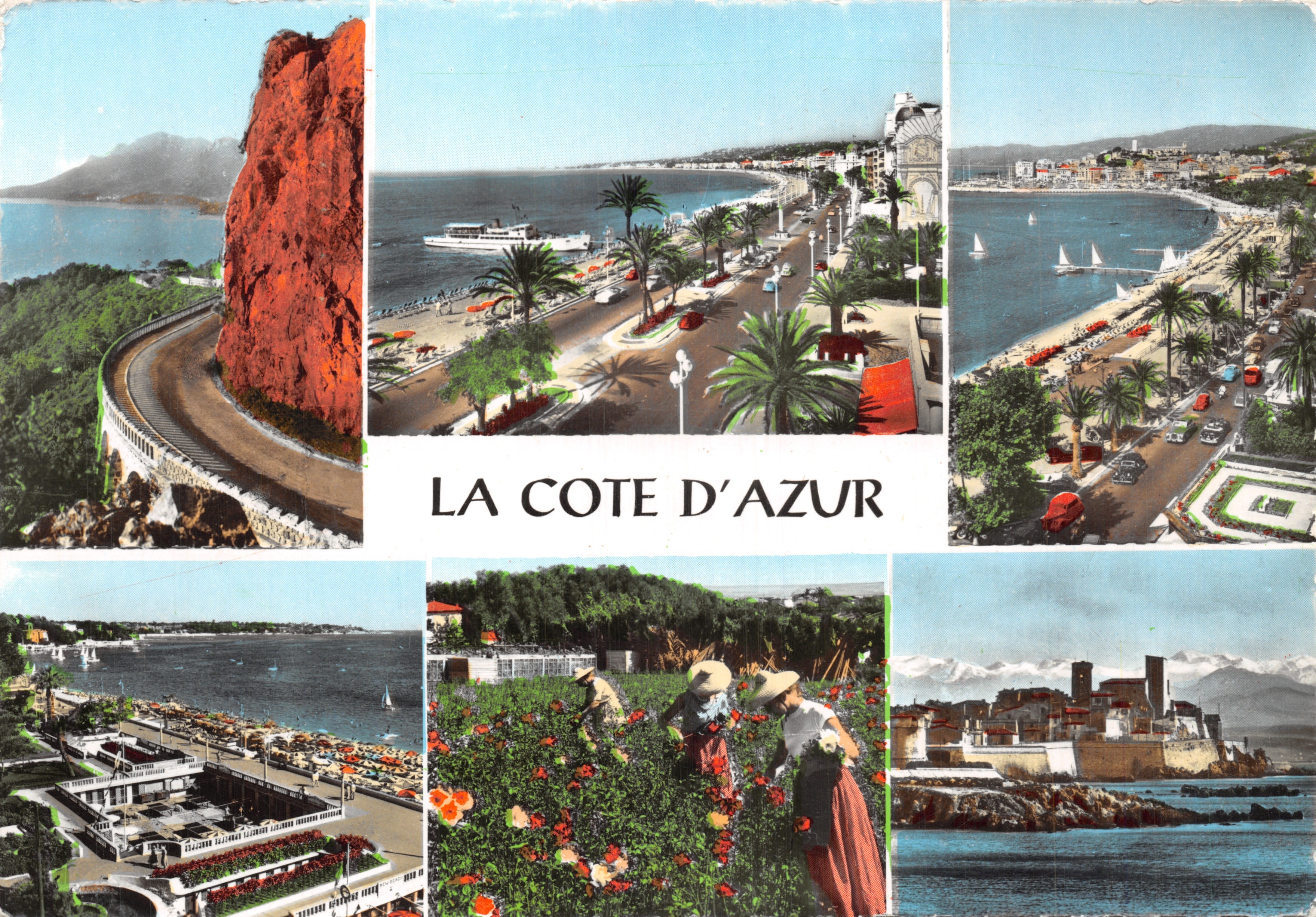 La Côte d'Azur — vista panoramica con scogliera rossa, promenade, spiaggia e fioraio — editore Real-Photo-Cie des Arts Photomécaniques