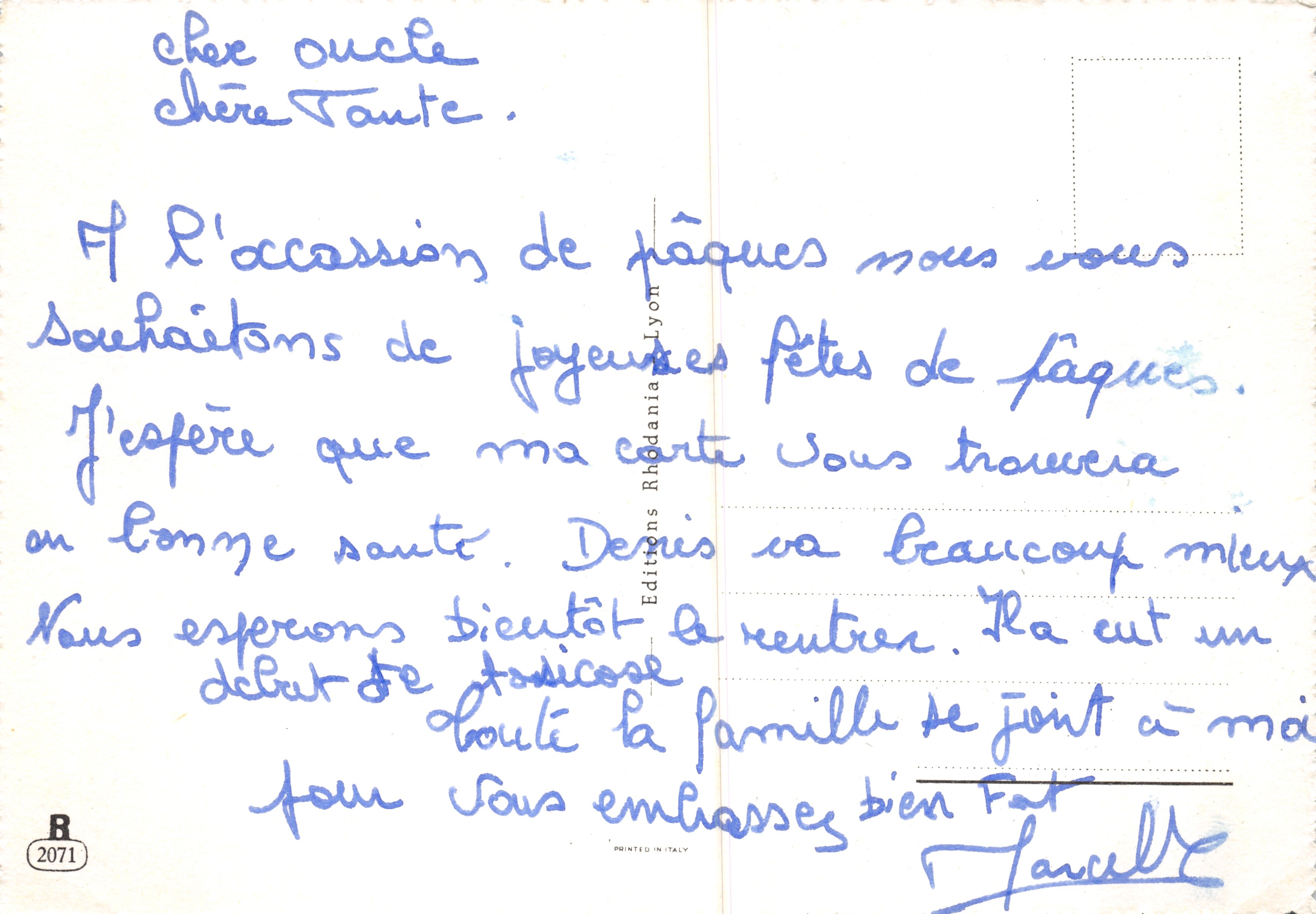 Pascua — escena de pueblo con patitos — Éditions Rhodania Lyon — Reverso
