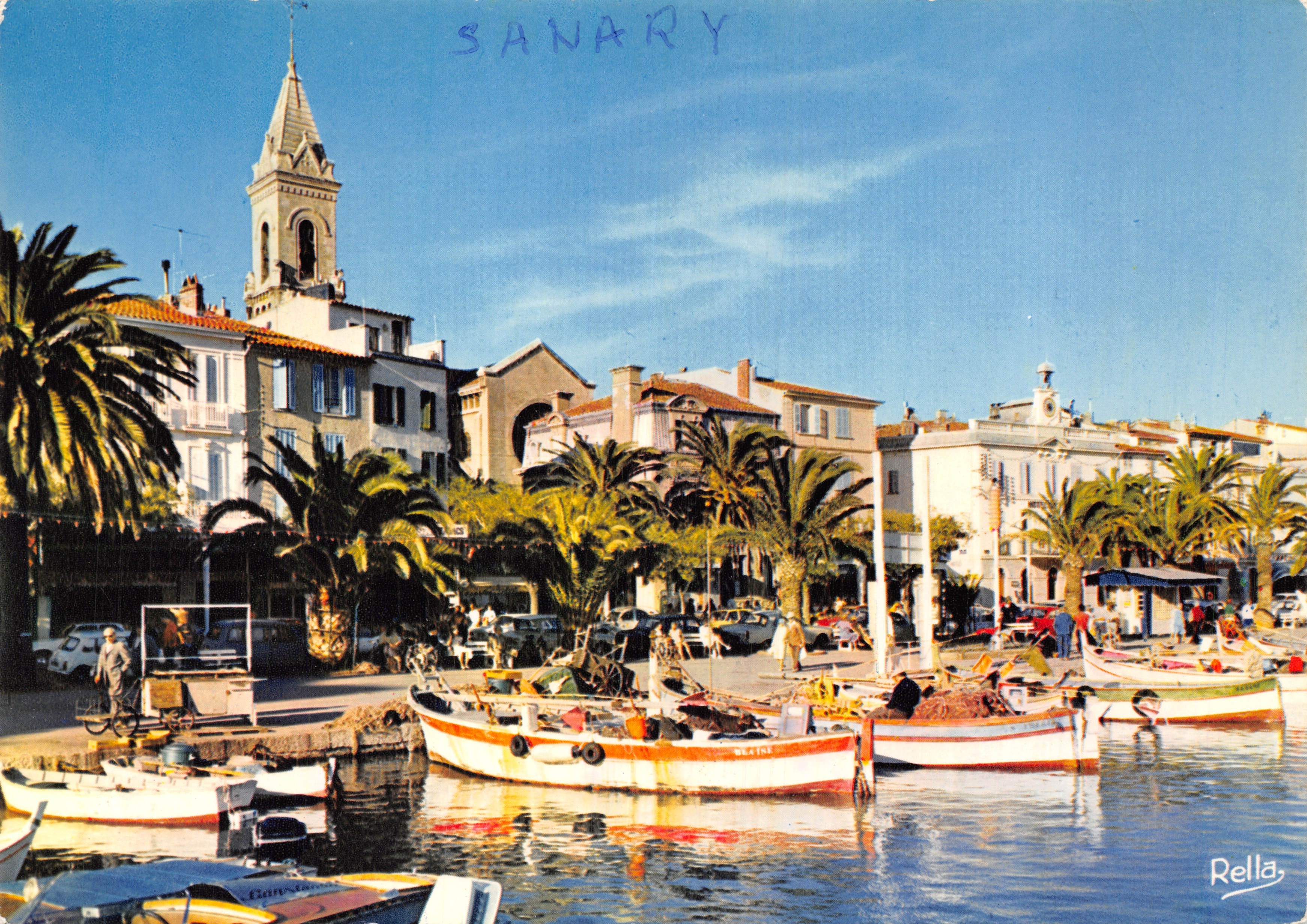 Sanary-sur-Mer — vista del puerto con iglesia y palmeras — Éditions Rella