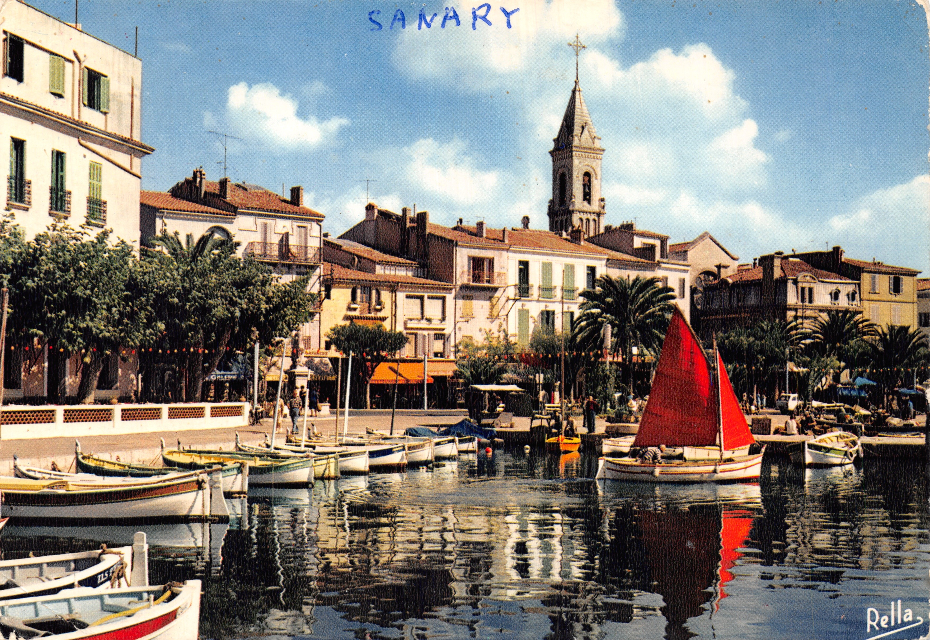 Sanary-sur-Mer — vista del porto con chiesa e veliero rosso — editore Rella