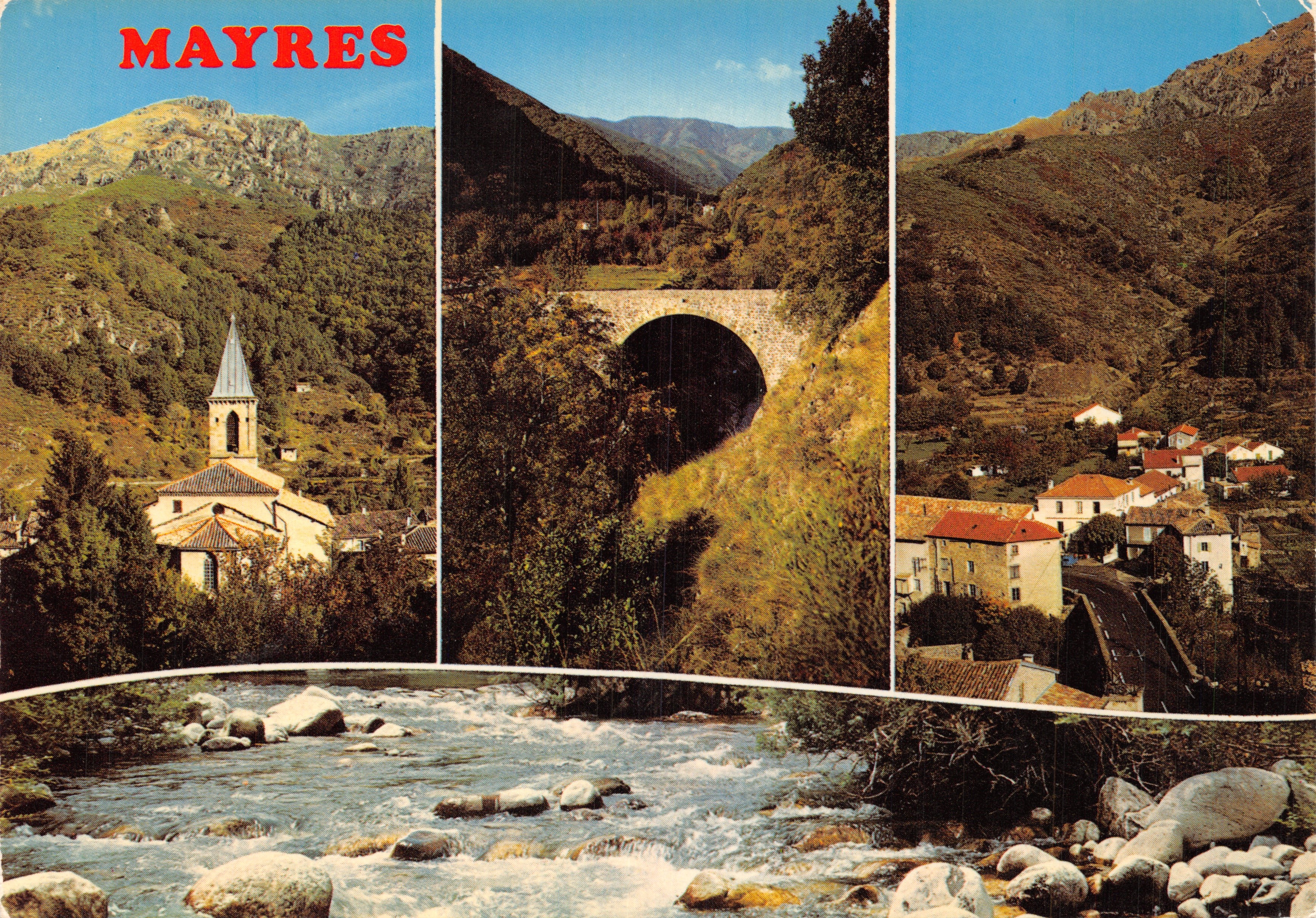 Mayres — widok panoramiczny z kościołem, mostem i wsią — Wyd. J. Cellard
