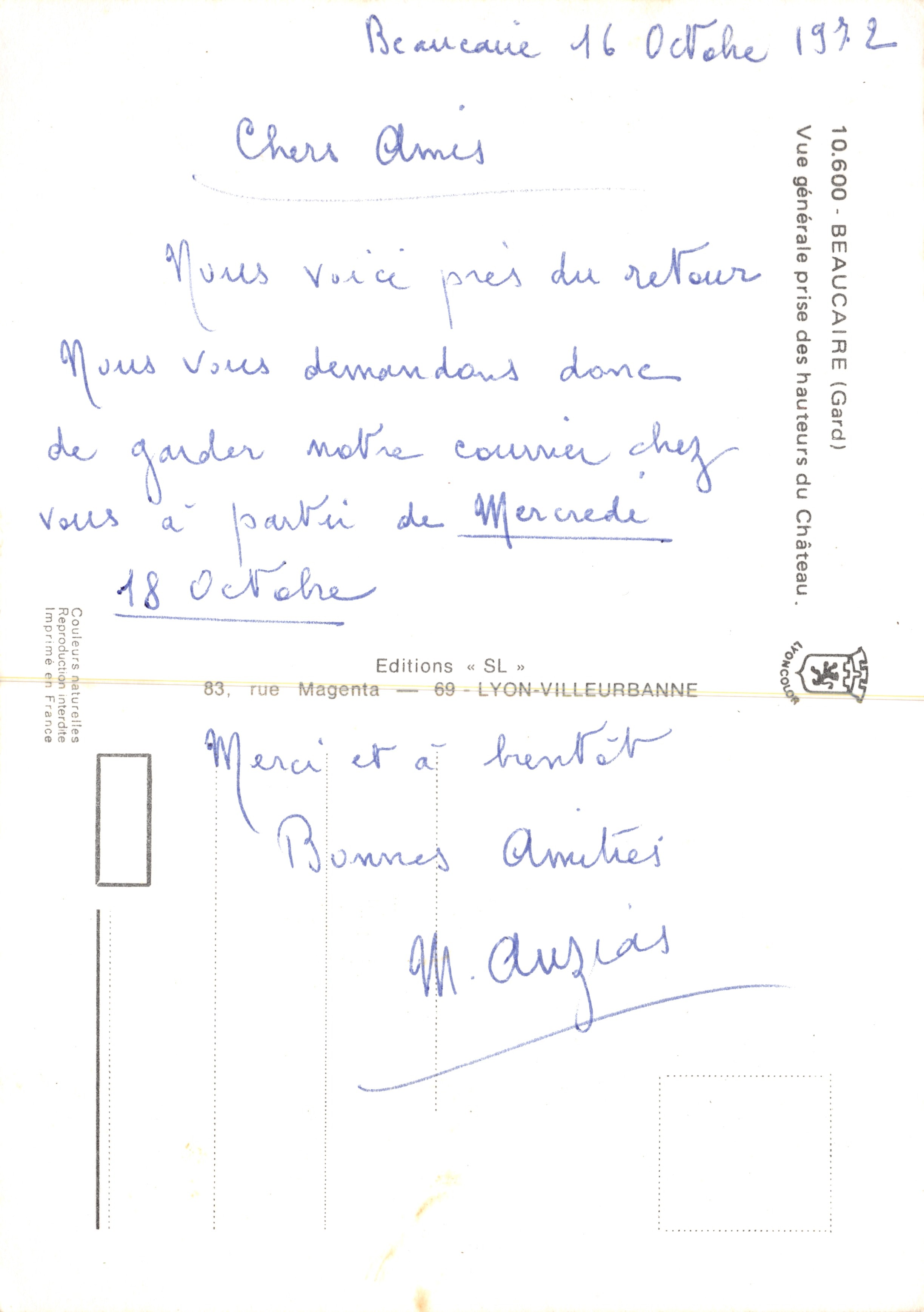 Vista generale presa dalle altezze del Castello — Beaumarchais — Editions « SL » — Verso